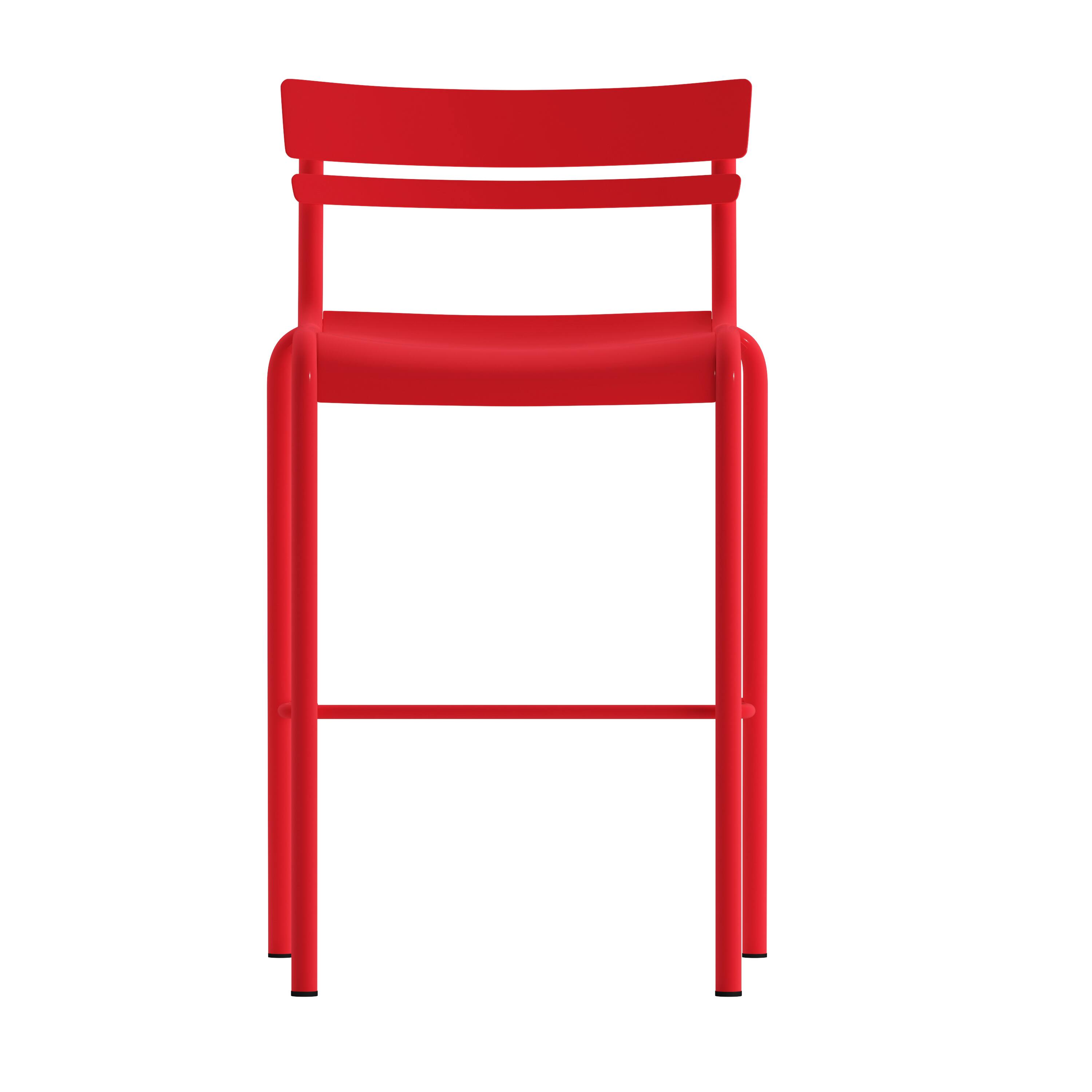 Alt View 9. Emma + Oliver - Rennes Armless Powder Coated Steel Stool with 2 Slat Back for Indoor-Outdoor Use - Red.