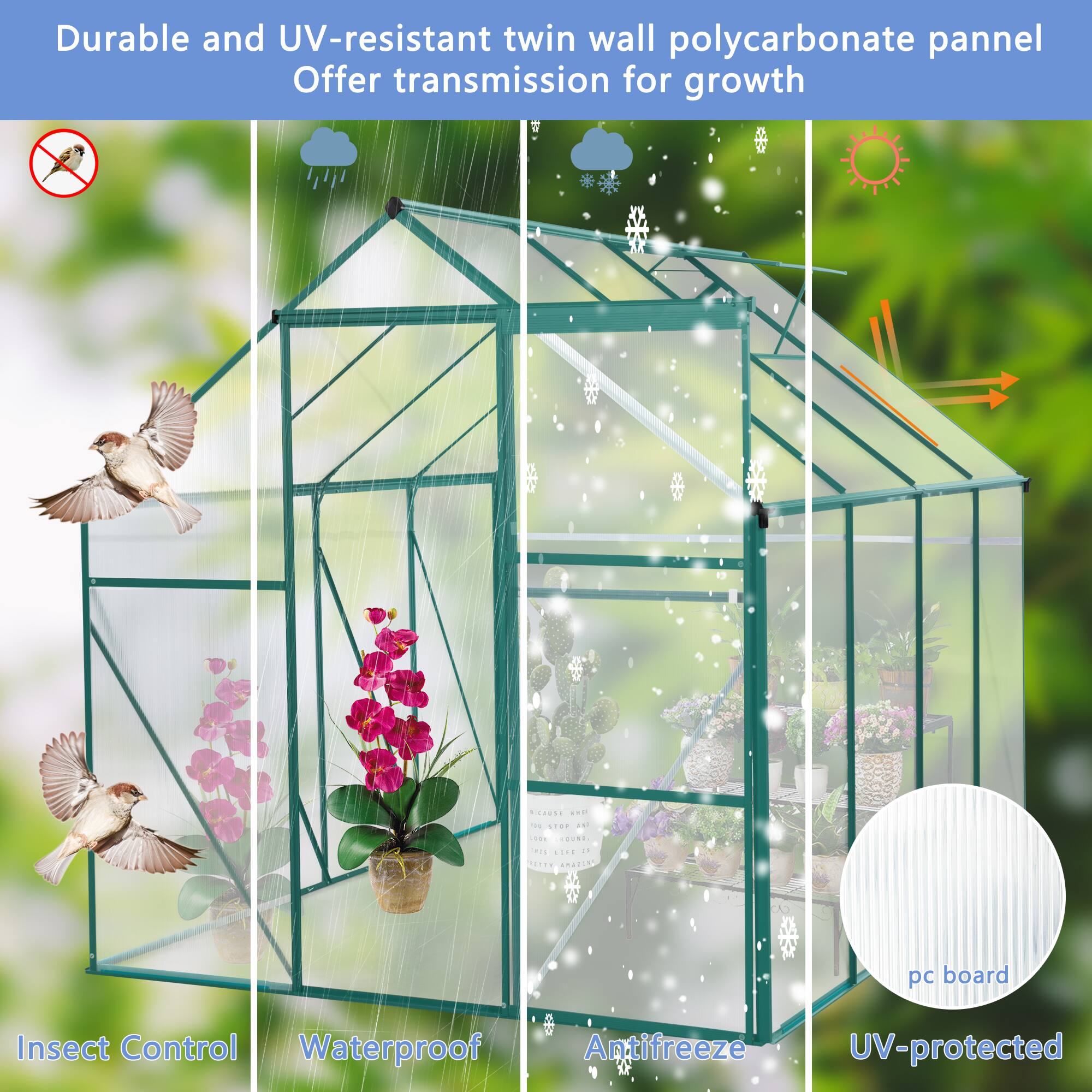 Durable and UV-resistant twin wall polycarbonate panel  
Offer transmission for growth  

Insect Control  
Waterproof  
Antifreeze  
UV-protected  

pc board