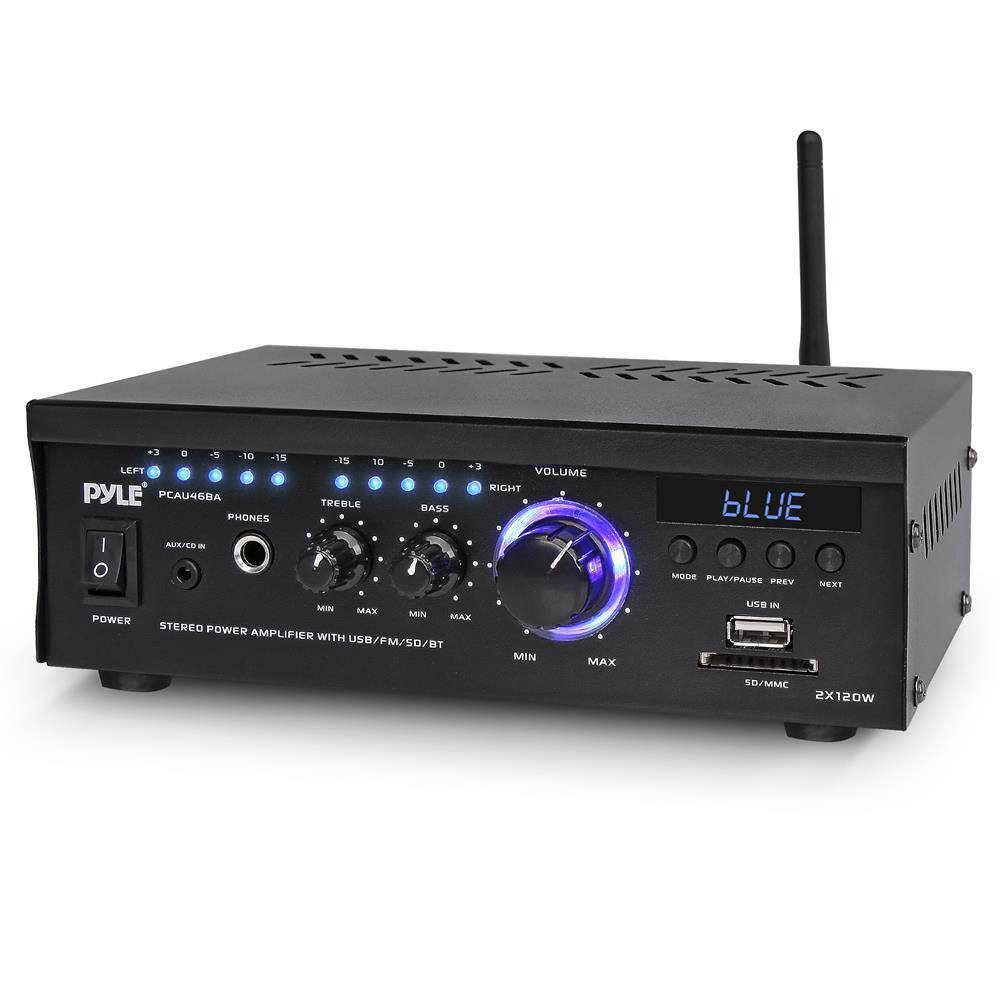 PYLE
PCAU46BA
STEREO POWER AMPLIFIER WITH USB/FM/SD/BT
LEFT
-15 -10 -5 0 +3
RIGHT
-15 -10 -5 0 +3
VOLUME
PHONES
TREBLE
BASS
MIN MAX
AUX/CD IN
POWER
USB IN
SD/MMC
MODE
PLAY/PAUSE
PREV
NEXT
2X120W
bLUE
2X120W