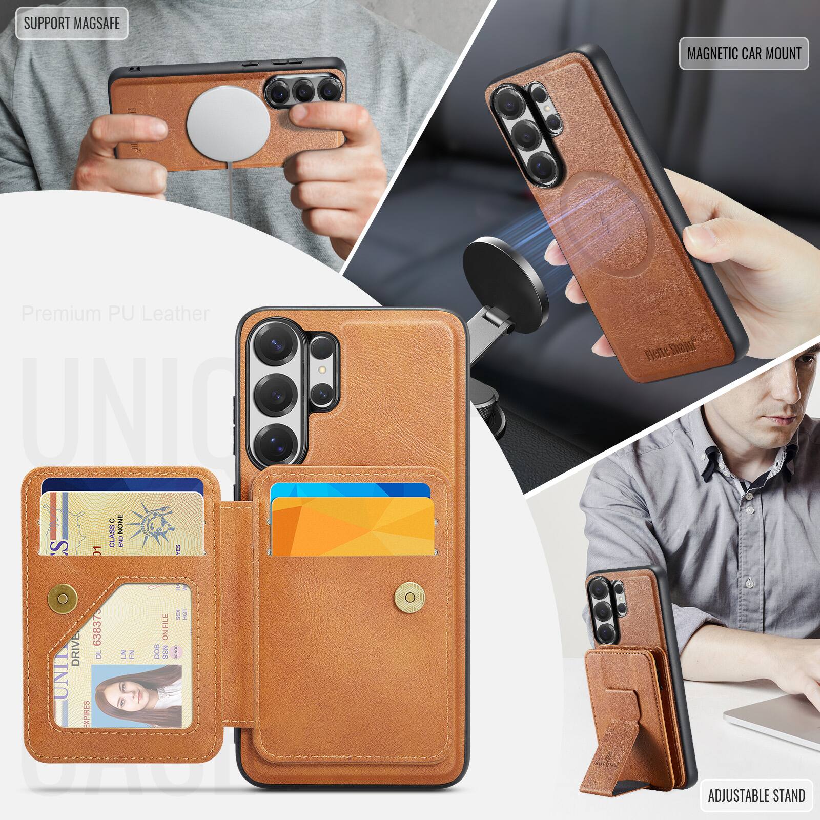 SUPPORT MAGSAFE  
MAGNETIC CAR MOUNT  
Premium PU Leather  
UNIC CLASSIC  
NONE d EMI S 01 F Hee Shoha  
638375 DRIVE 5 UNIT CAPIRES LN E ONFILE 00O SSN E  
! I ADJUSTABLE STAND