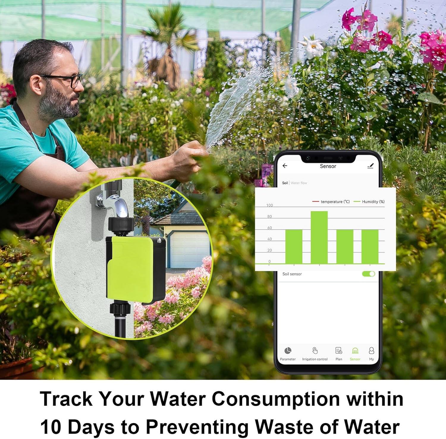 Track Your Water Consumption within 10 Days to Preventing Waste of Water

Sensor
Set (Water flow)

- temperature (°C)
- Humidity (%)

Soil sensor

Parameter Irrigation control Plan Sensor My

Track Your Water Consumption within 10 Days to Preventing Waste of Water