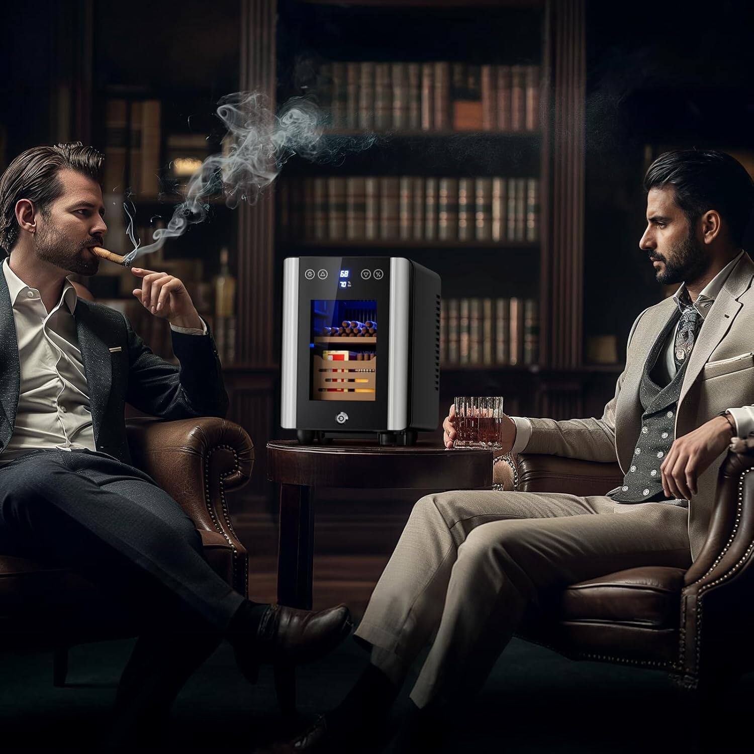 Back. Mirfee - 8L Electric Cigar Humidor - 80 Count Desktop Cabinet with Temp Control, Lock & Wood Shelves - Black.