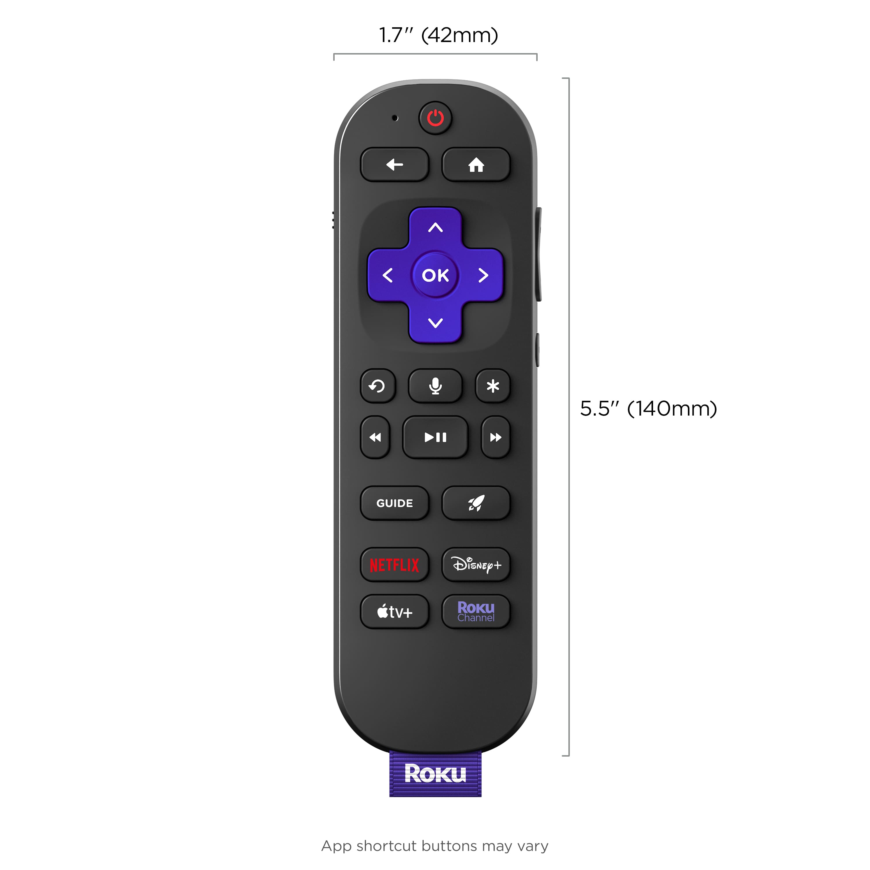 The text on the image reads: "1.7" (42mm) OK " 5.5" (140mm) GUIDE NETFLIX Disney+ TV+ Roku Channel Roku App shortcut buttons may vary."