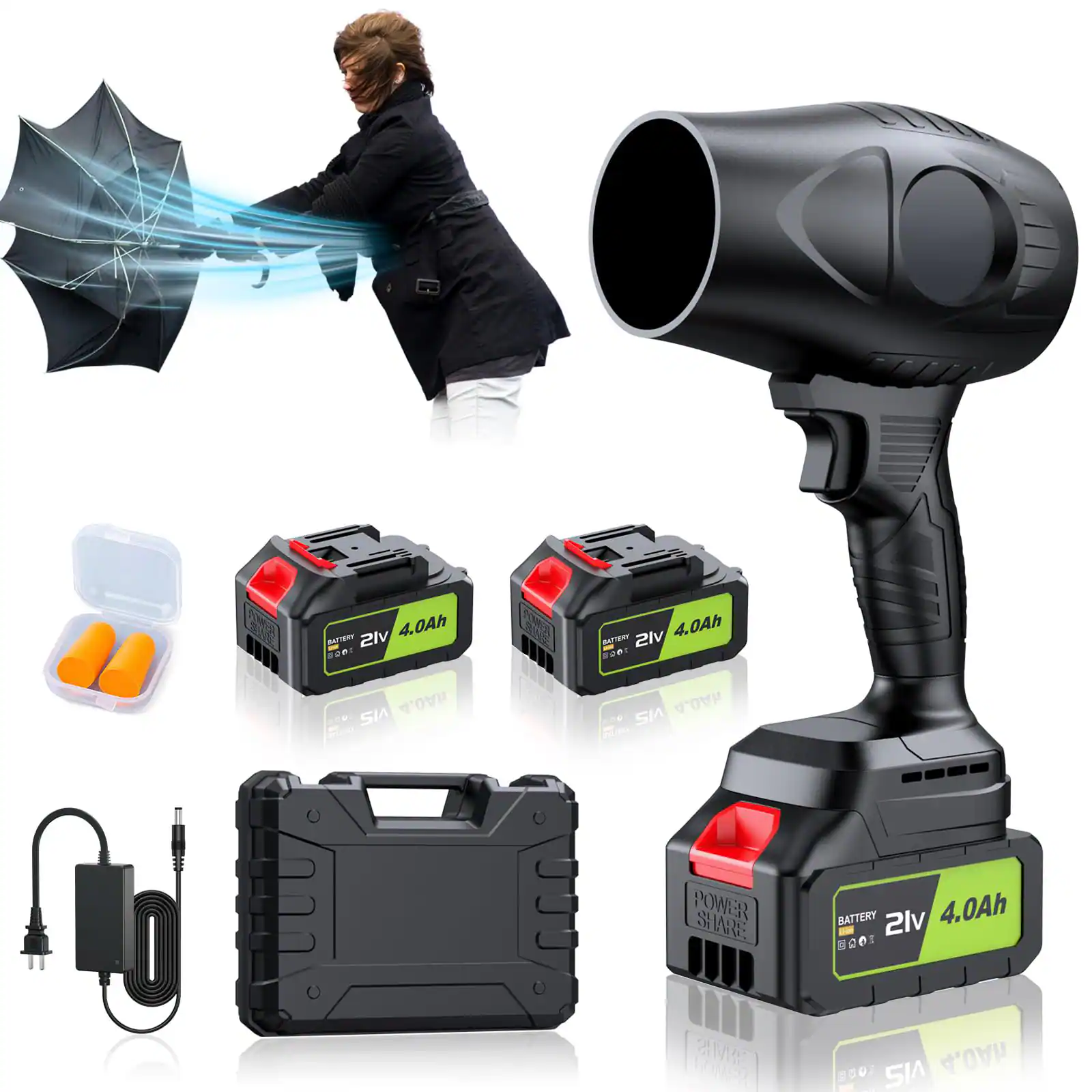 GlowWise - 980,000 RPM Cordless Leaf Blower, 21V with 2×4.0Ah Batteries & Fast Charger, Lightweight for Yard Cleaning - Black