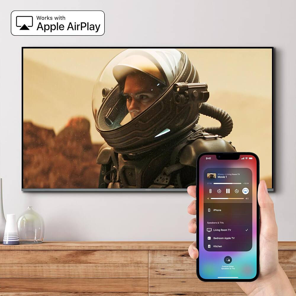 Works with Apple AirPlay

iPhone - Living Room TV
Movie 1
27:56 / 1:24

Speakers & TVs
Living Room TV
Bedroom Apple TV
Kitchen

Control Other Devices & TVs