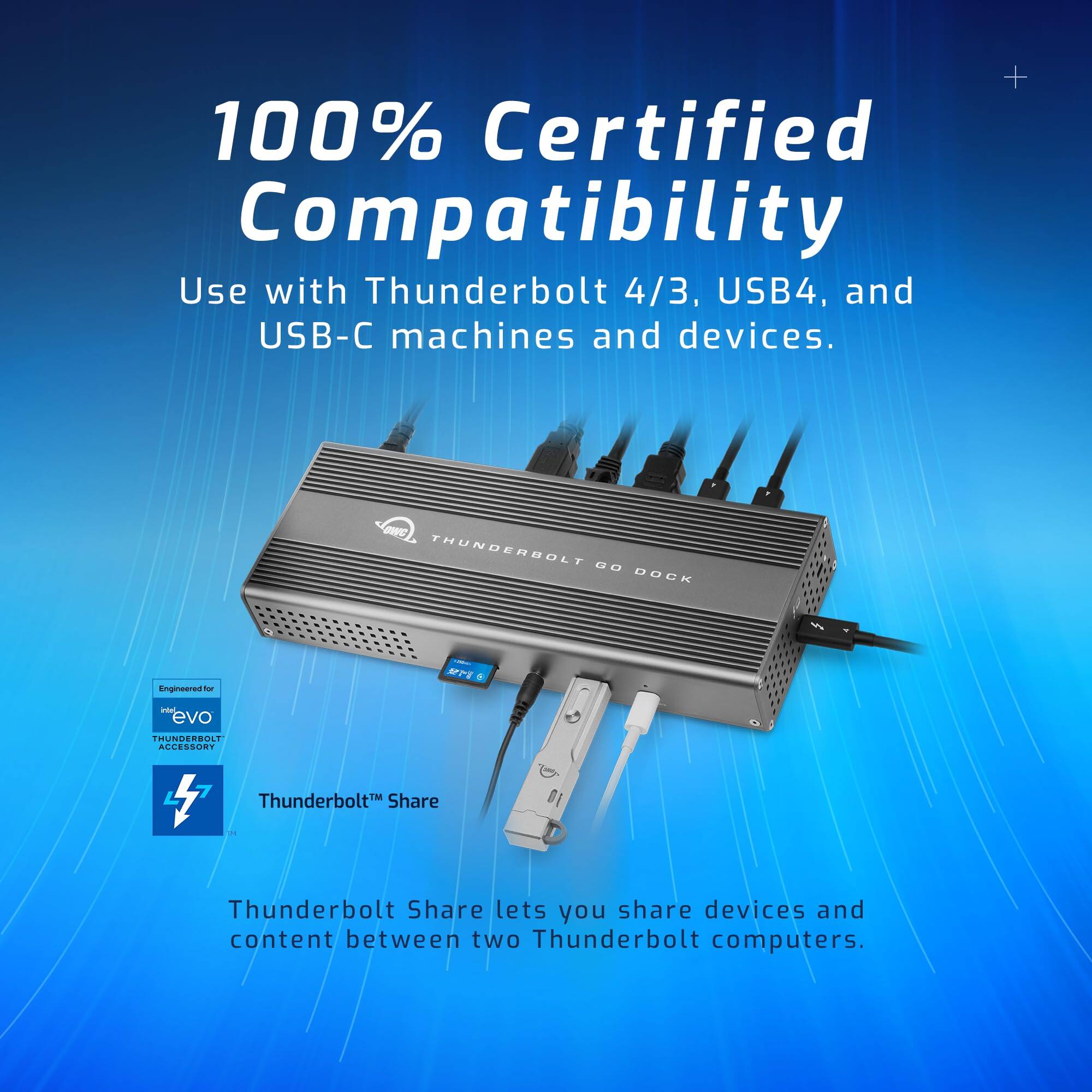 100% Certified Compatibility  
Use with Thunderbolt 4/3, USB4, and USB-C machines and devices.

Thunderbolt Share lets you share devices and content between two Thunderbolt computers.