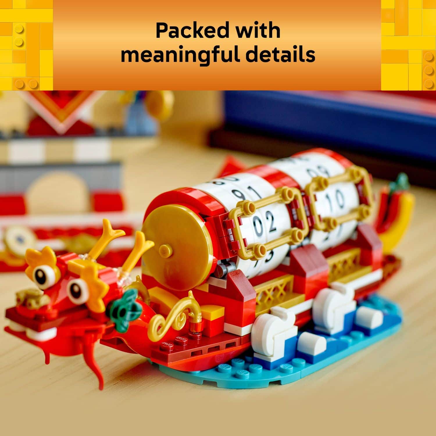 Packed with meaningful details, the toy train has a clock on the front and a dragon on the back. The clock is located on the front of the train, while the dragon is situated on the back.
