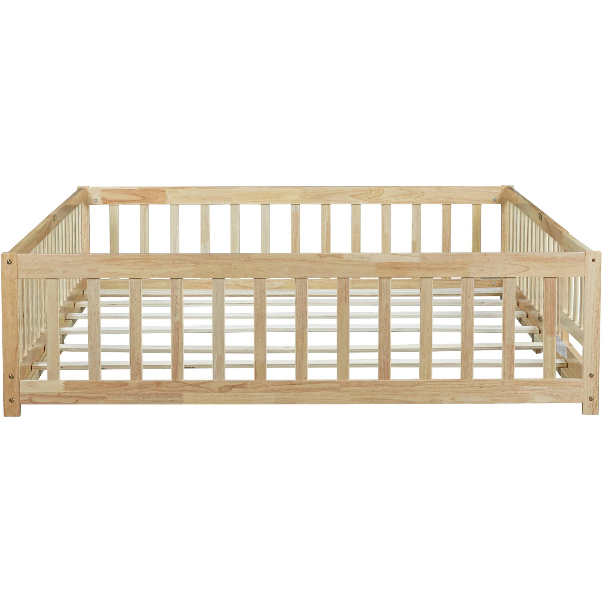 Alt View 9. GOODSILO - Queen Size Low-Profile Platform Bed with Safety Guardrails and Entry Door for Secure Sleeping Space - Natural.