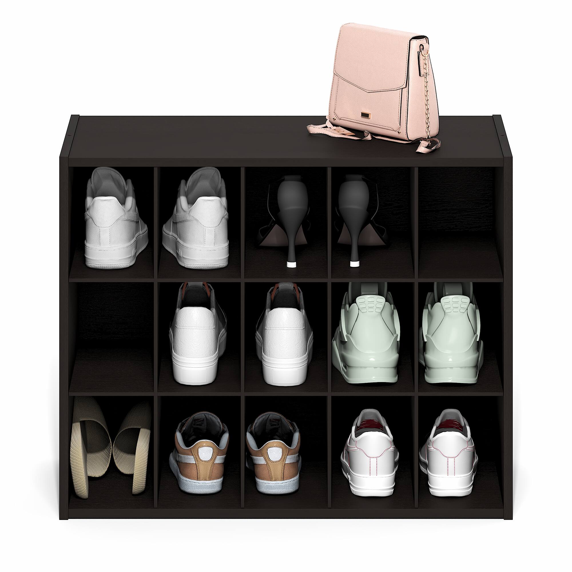 Alt View 3. Furinno - FANO Stackable Shoe Storage, Shoe Rack, 15-Cube Shoe Organizer, for Closet Entryway, Office, Garage - Black Dark Oak.