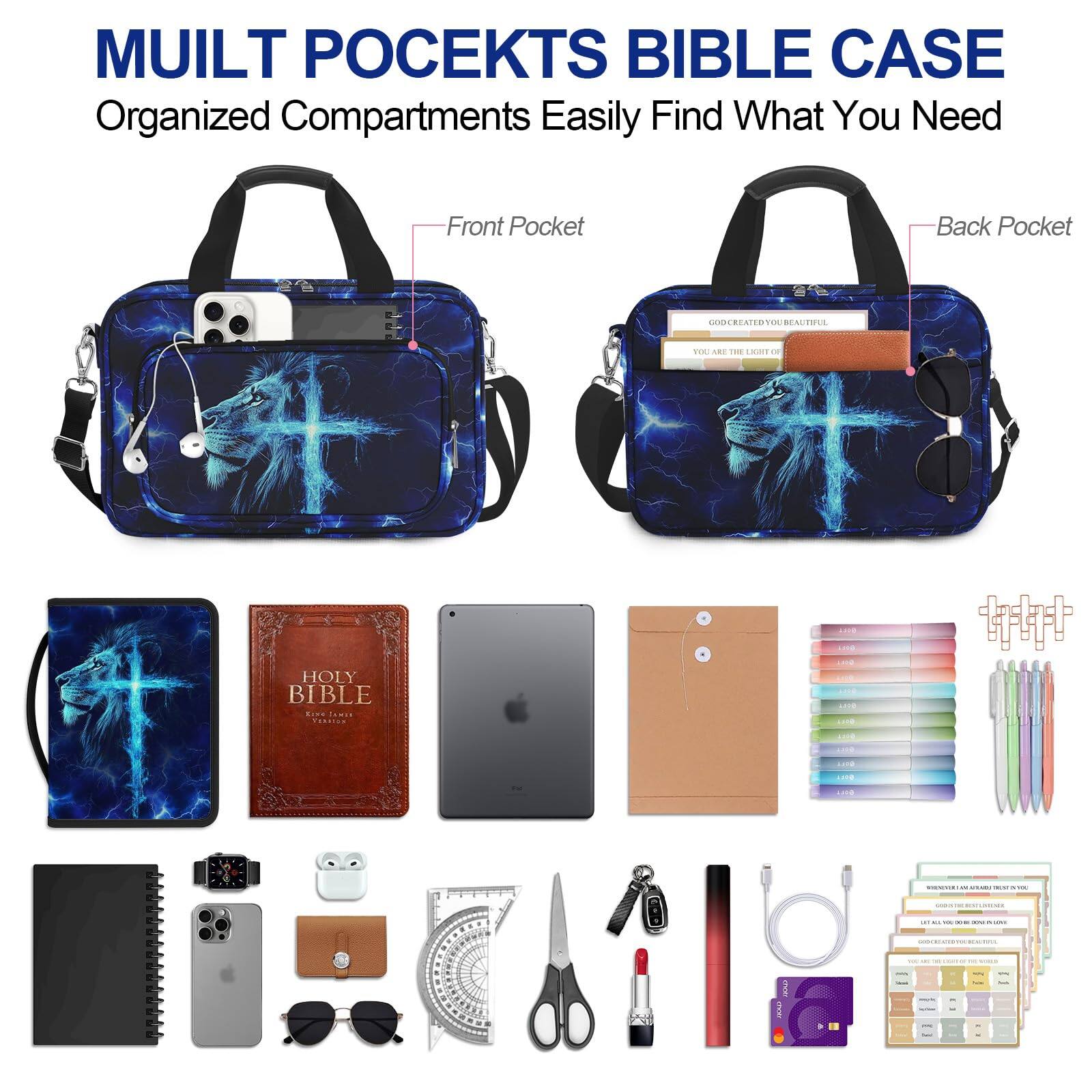 MULT POCKETS BIBLE CASE  
Organized Compartments Easily Find What You Need  

Front Pocket  
Back Pocket  

HOLY BIBLE  
New International Version  

GOD CREATED YOUR BEAUTIFUL  
YOU ARE THE LIGHT OF THE WORLD