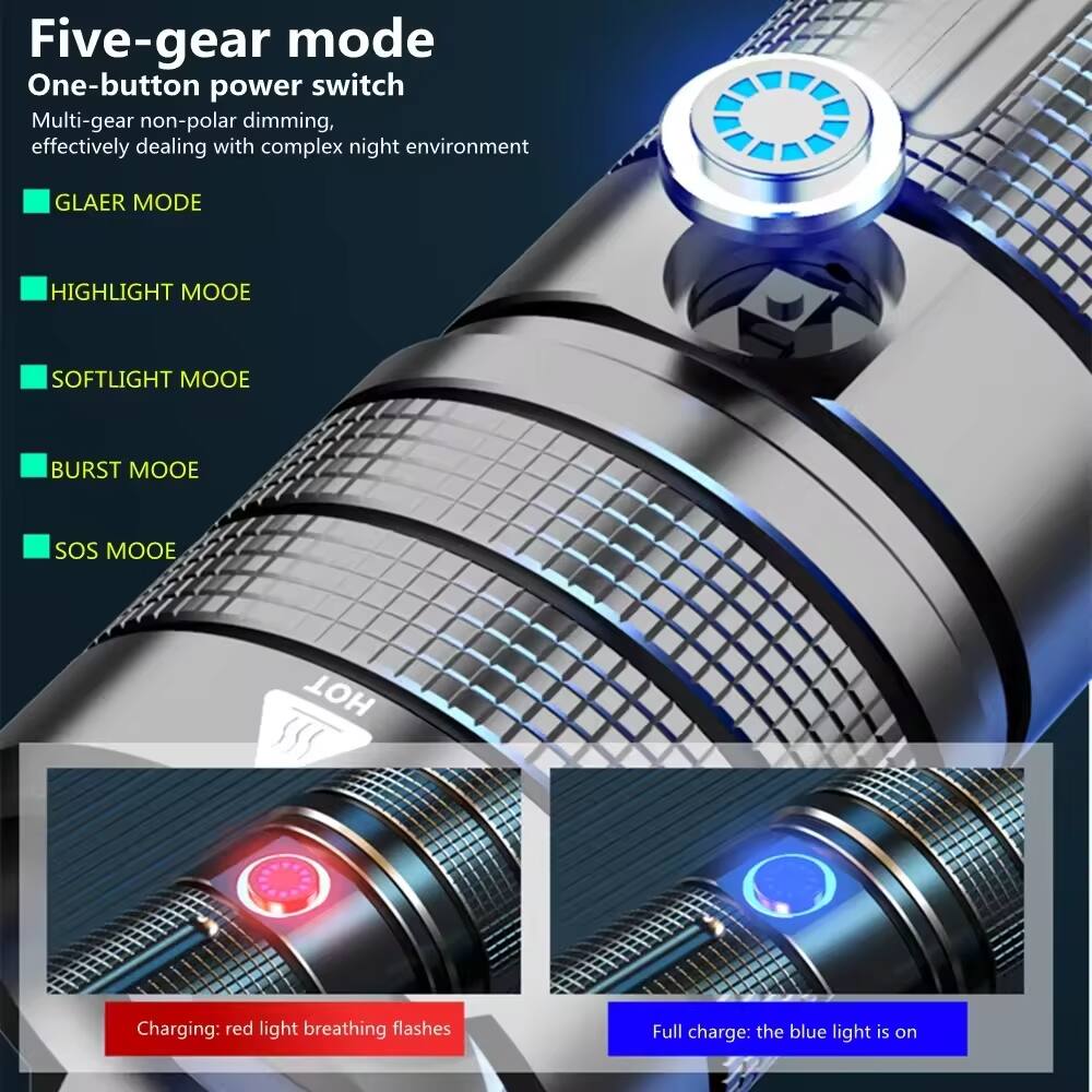 Five-gear mode  
One-button power switch  
Multi-gear non-polar dimming, effectively dealing with complex night environment  

- GLAER MODE  
- HIGHLIGHT MODE  
- SOFTLIGHT MODE  
- BURST MODE  
- SOS MODE  

Charging: red light breathing flashes  
Full charge: the blue light is on