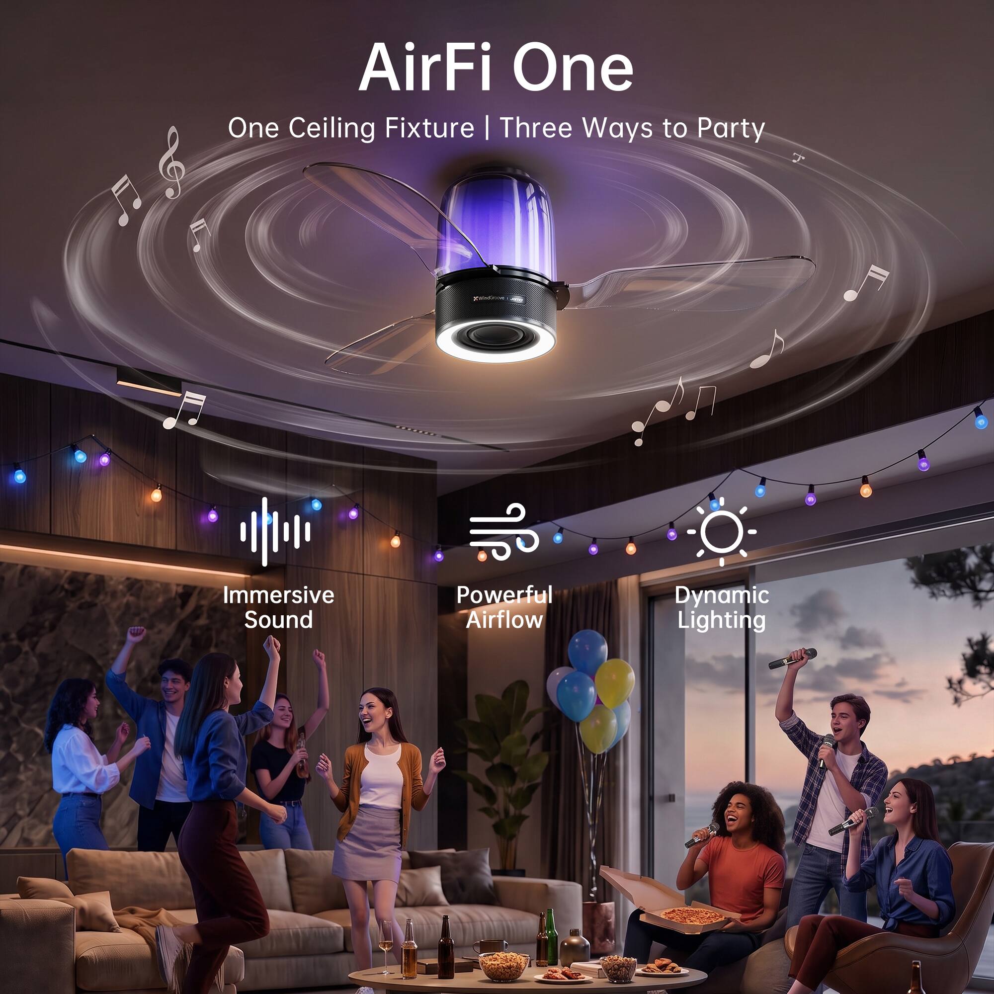 AirFi One Ceiling Fixture | Three Ways to Party

Immersive Sound
Powerful Airflow
Dynamic Lighting