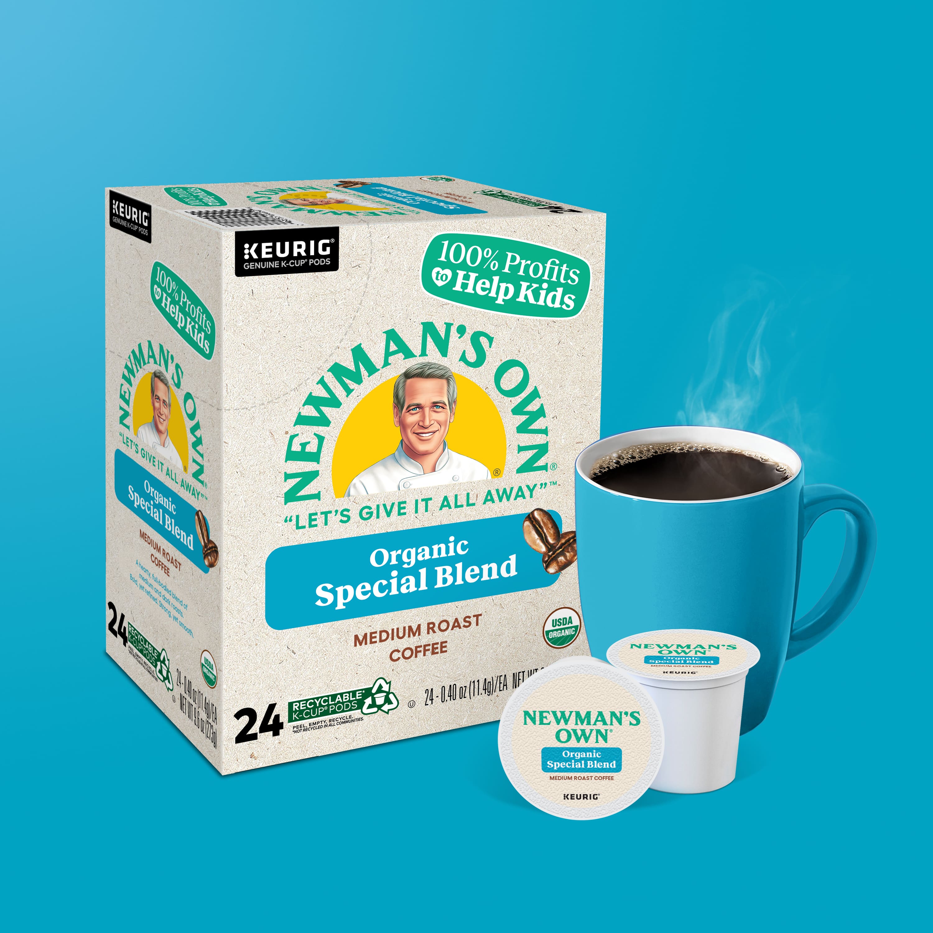 "Newman's Own Organic Special Blend Coffee is a medium roast coffee that is 100% genuine K-Cup pods. The coffee is made with 100% profits going to help kids. The box contains 24 pods and is recyclable. The coffee is a special blend that is perfect for any time of the day. Let's give it all away with Newman's Own Organic Special Blend Coffee."