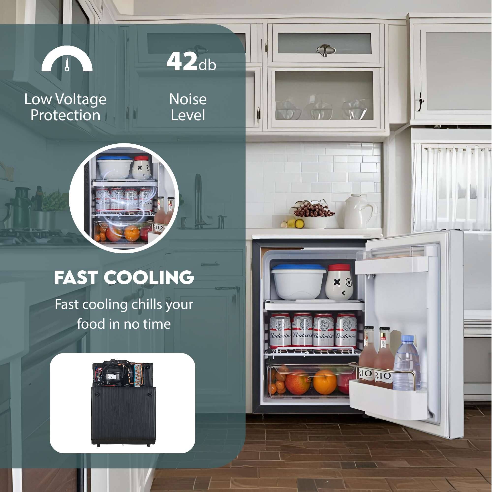 42 db  
Low Voltage Protection  
Noise Level  

FAST COOLING  
Fast cooling chills your food in no time