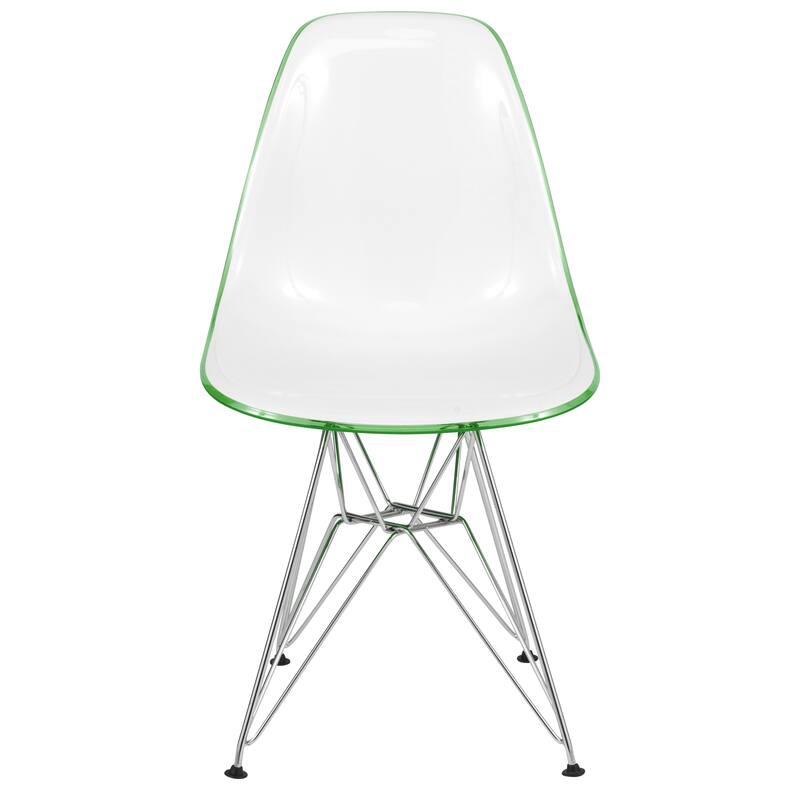 Left. LeisureMod - Cresco Modern Acrylic Dining Chair, Ergonomic Curved Seat with Chrome Eiffel Base - White Green.