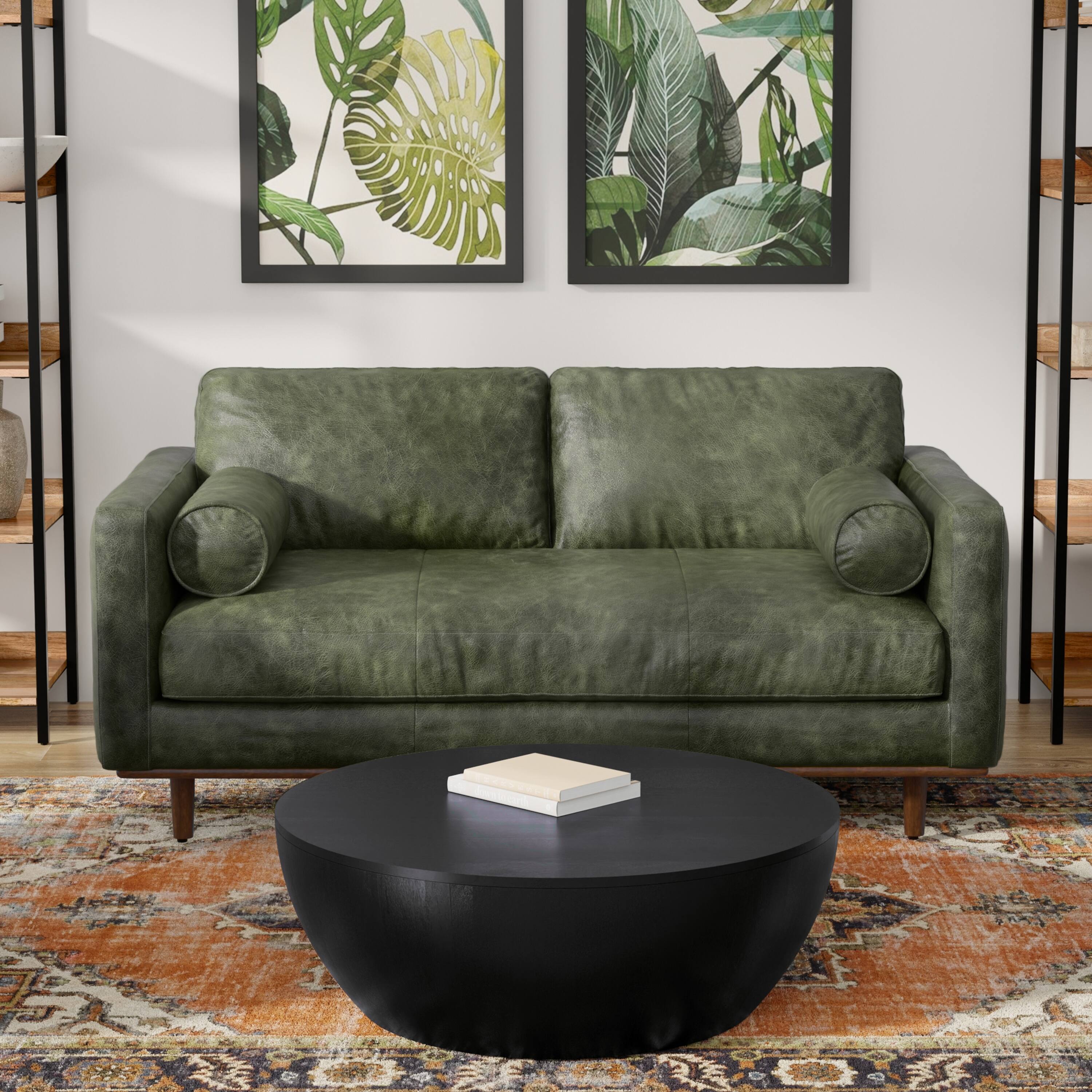 Angle. Simpli Home - Morrison 72-inch Mid-Century Modern Sofa in Moss Green Genuine Leather - Moss Green.
