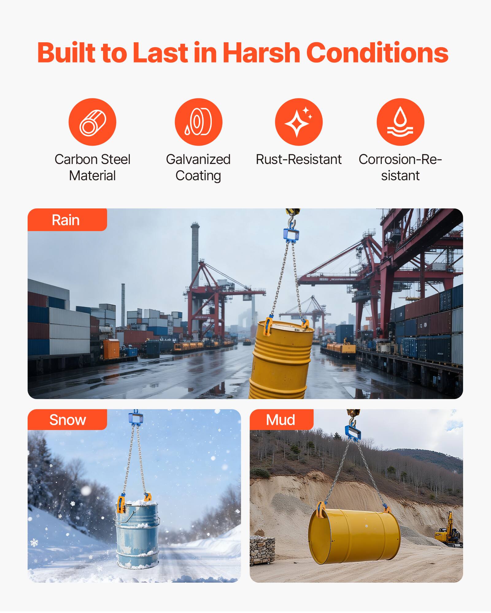 Built to Last in Harsh Conditions

- Carbon Steel Material
- Galvanized Coating
- Rust-Resistant
- Corrosion-Resistant

Rain  
Snow  
Mud