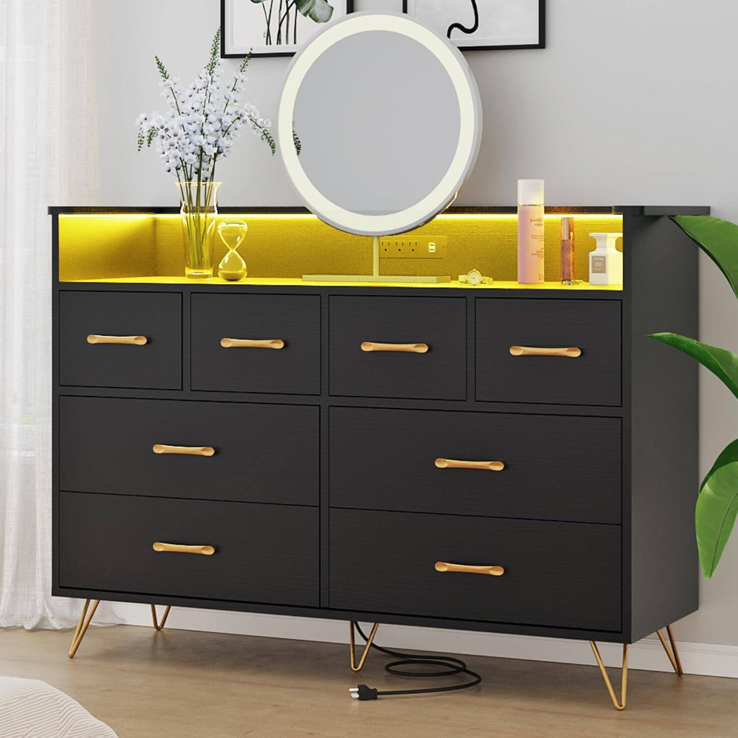 Alt View 1. Jojoka - Black Dresser with Power Outlet and LED Lights, Wood 8 Drawer Dresser - Black.
