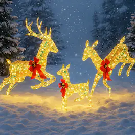 BreeBe - Christmas Deer Family Set of 3 with LED Lights and Festive Bows - White