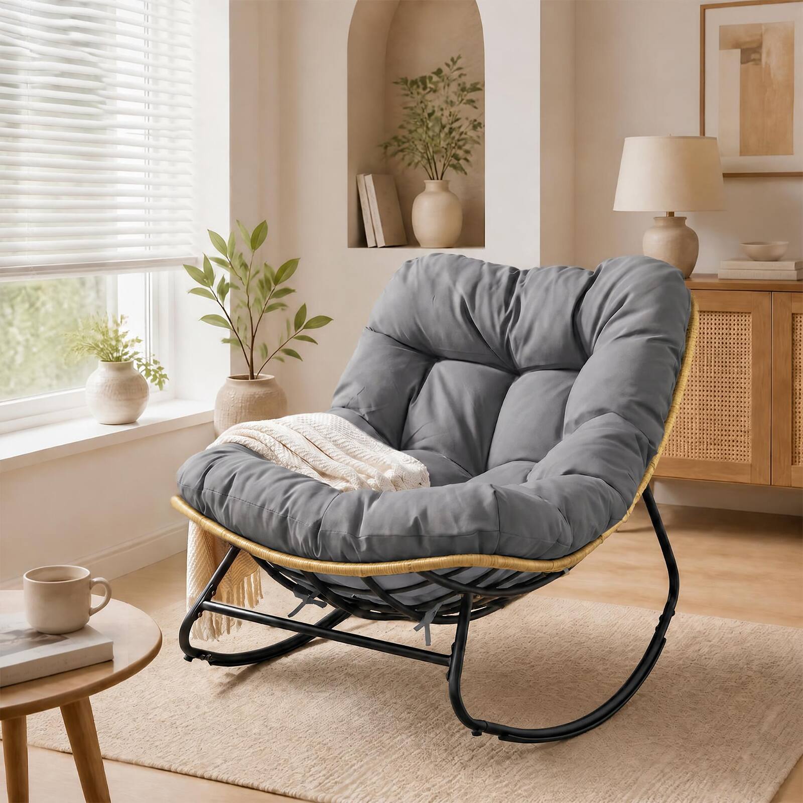 Alt View 3. Costway - Costway Outdoor Oversized Egg-Shaped Outdoor Papasan Rocking Chair With Thick Cushioned Seat - Gray.