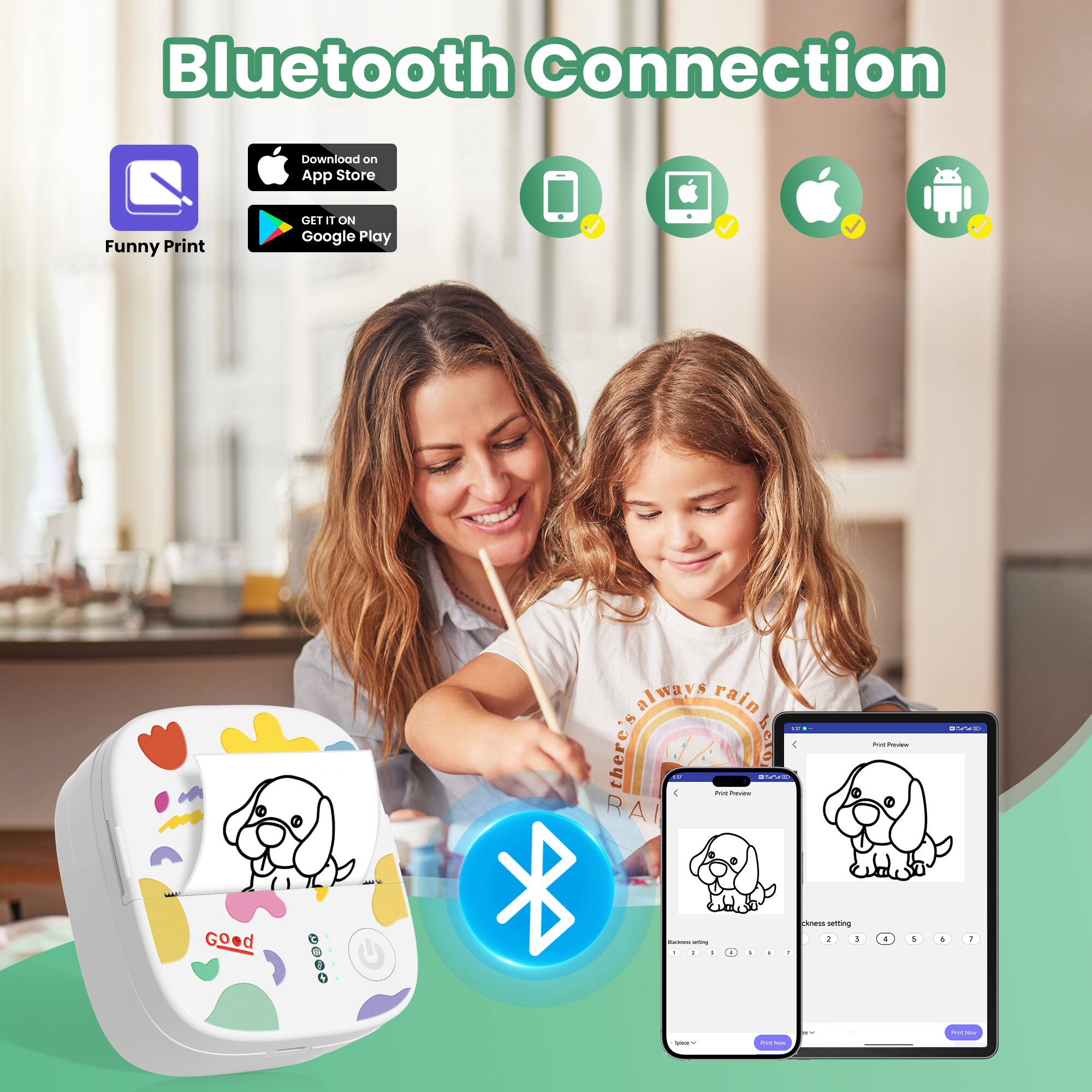 Bluetooth Connection  
Download on App Store  
Funny Print  
GET IT ON Google Play  

There's always rain  
... there heto 4 -.  
4 Poe - RAI * | - . - . 1 . - - e - I - . I i - 4 1 - - - d - -