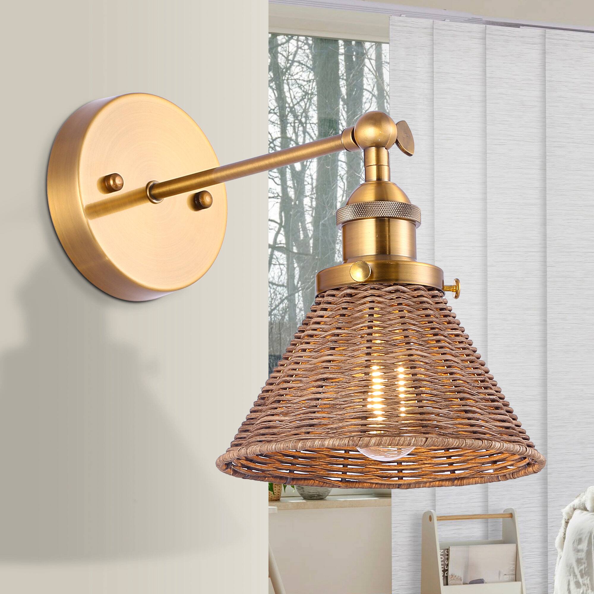 Front. Parrot Uncle - 7" W Rustic Gold Wall Light with Rattan Shade - Gold.