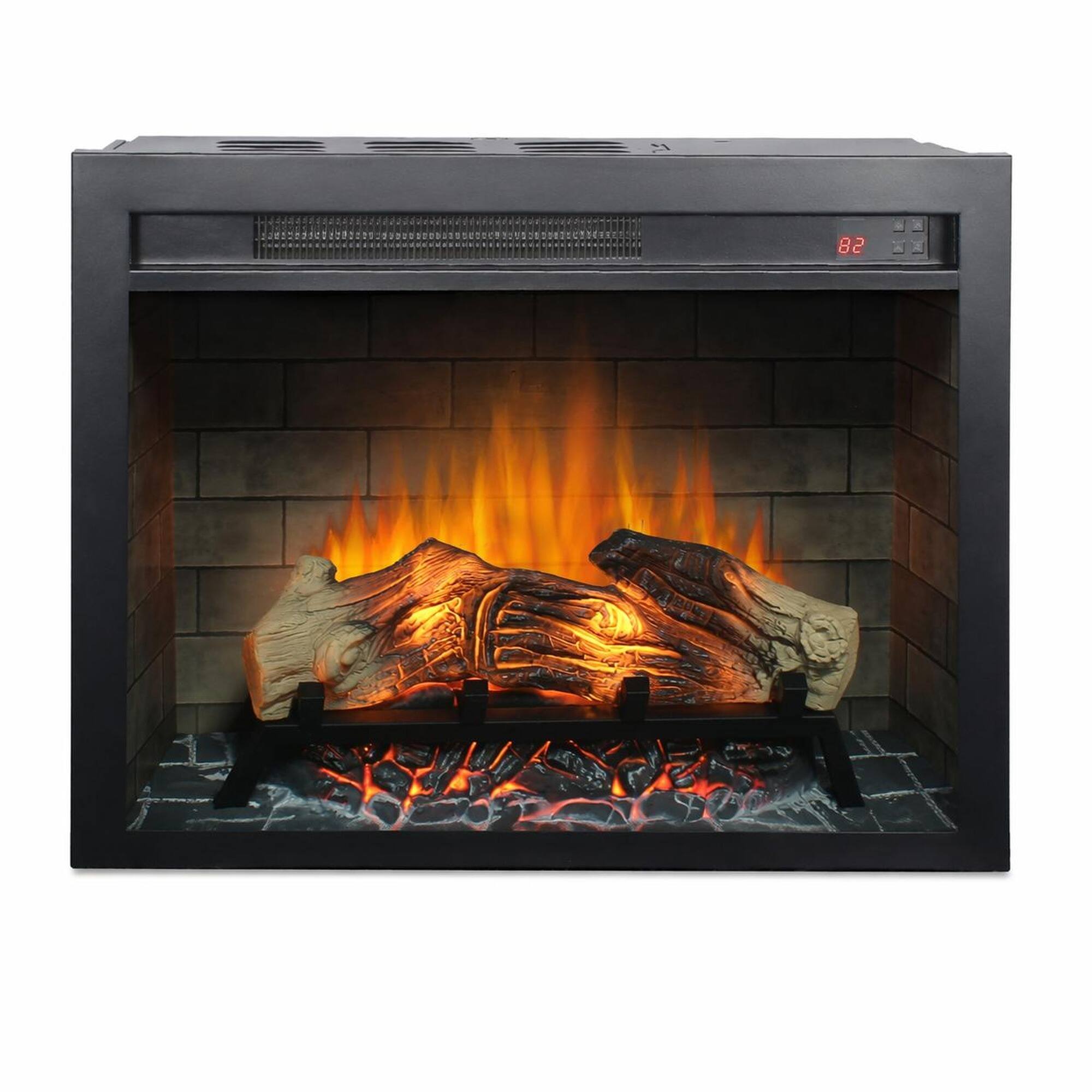 Front. RYHNUYNE - 28 Inch Electric Fireplace Insert – Multicolored Flames with 3-Side Brick Wall Design - Antique Black.