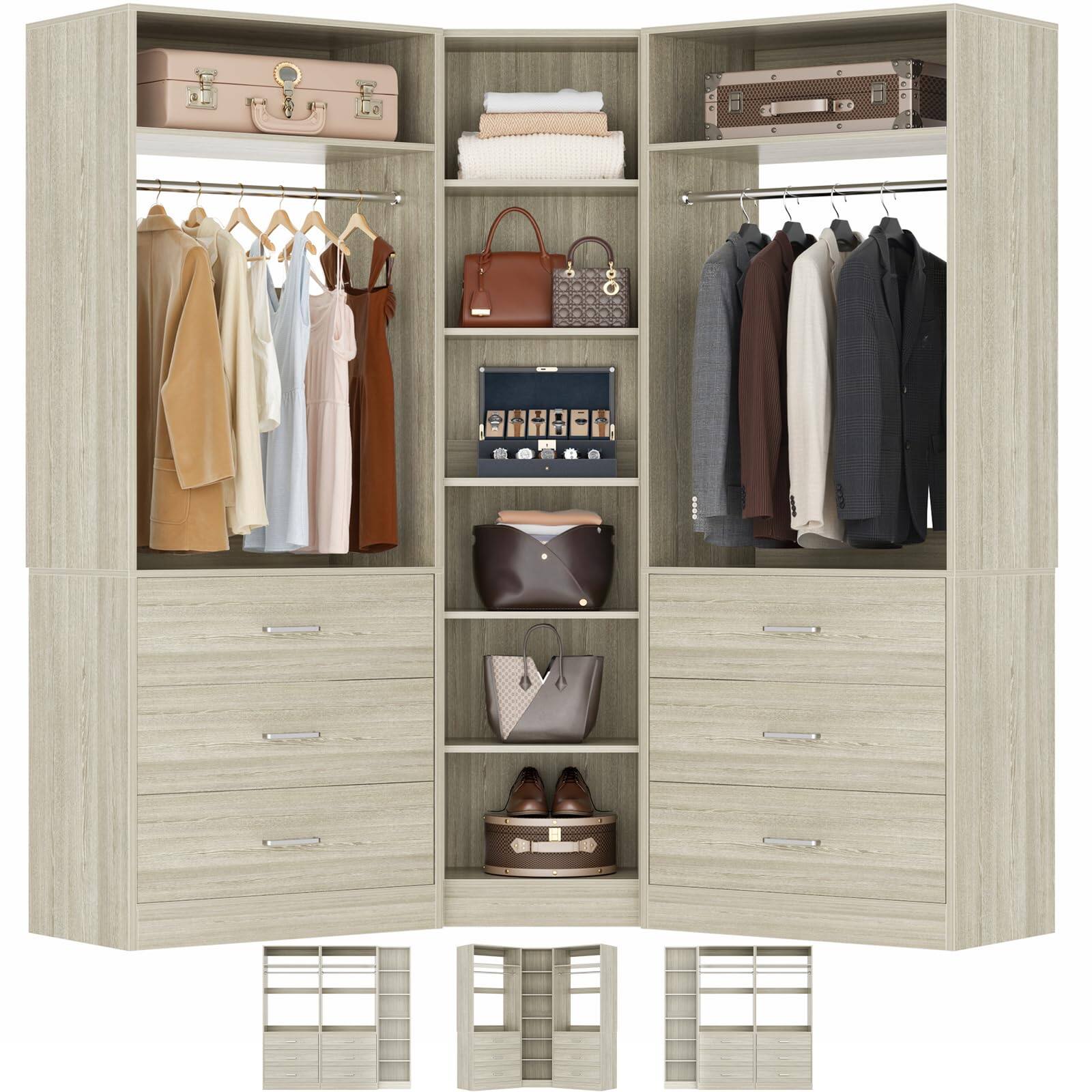 Front. Aheaplus - 3-Piece Closet Organizer: 6 Drawers, 10 Shelves, 1500LBS Capacity (L/I-Shaped) - White Oak.
