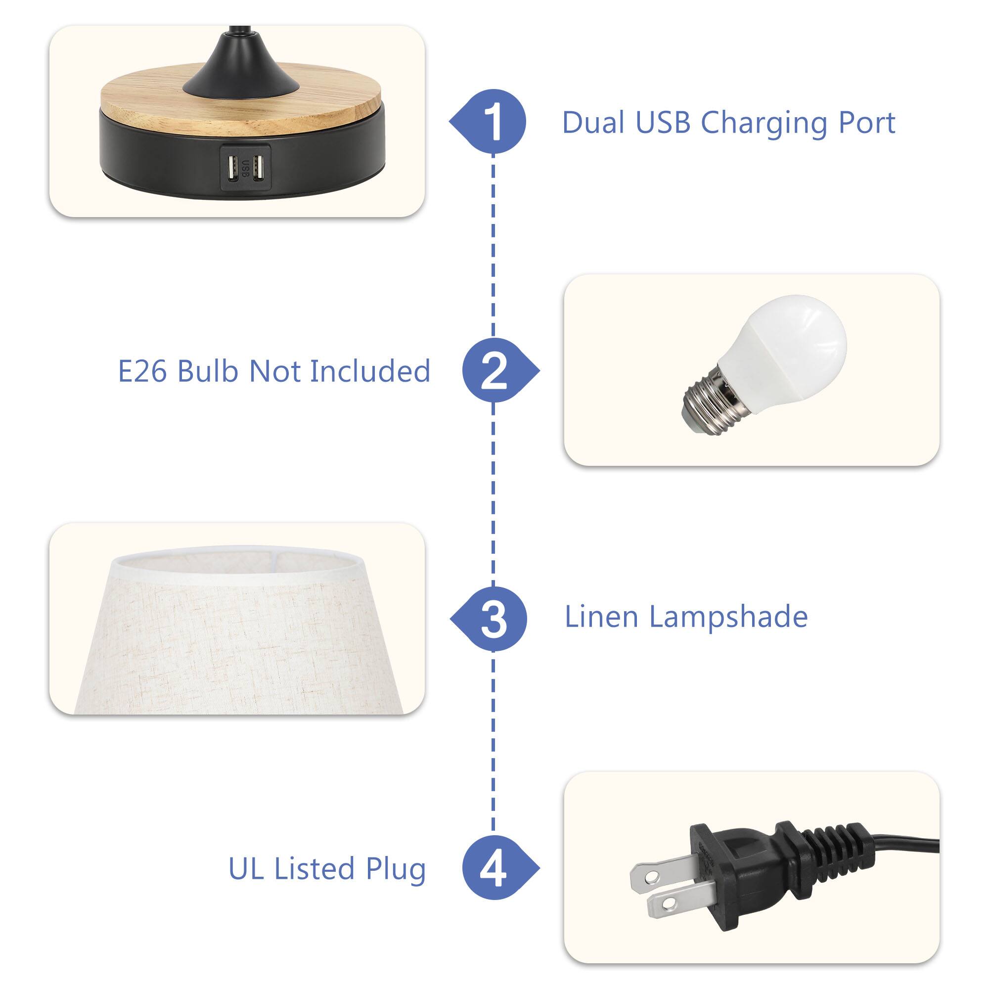 1. Dual USB Charging Port
2. E26 Bulb Not Included
3. Linen Lampshade
4. UL Listed Plug