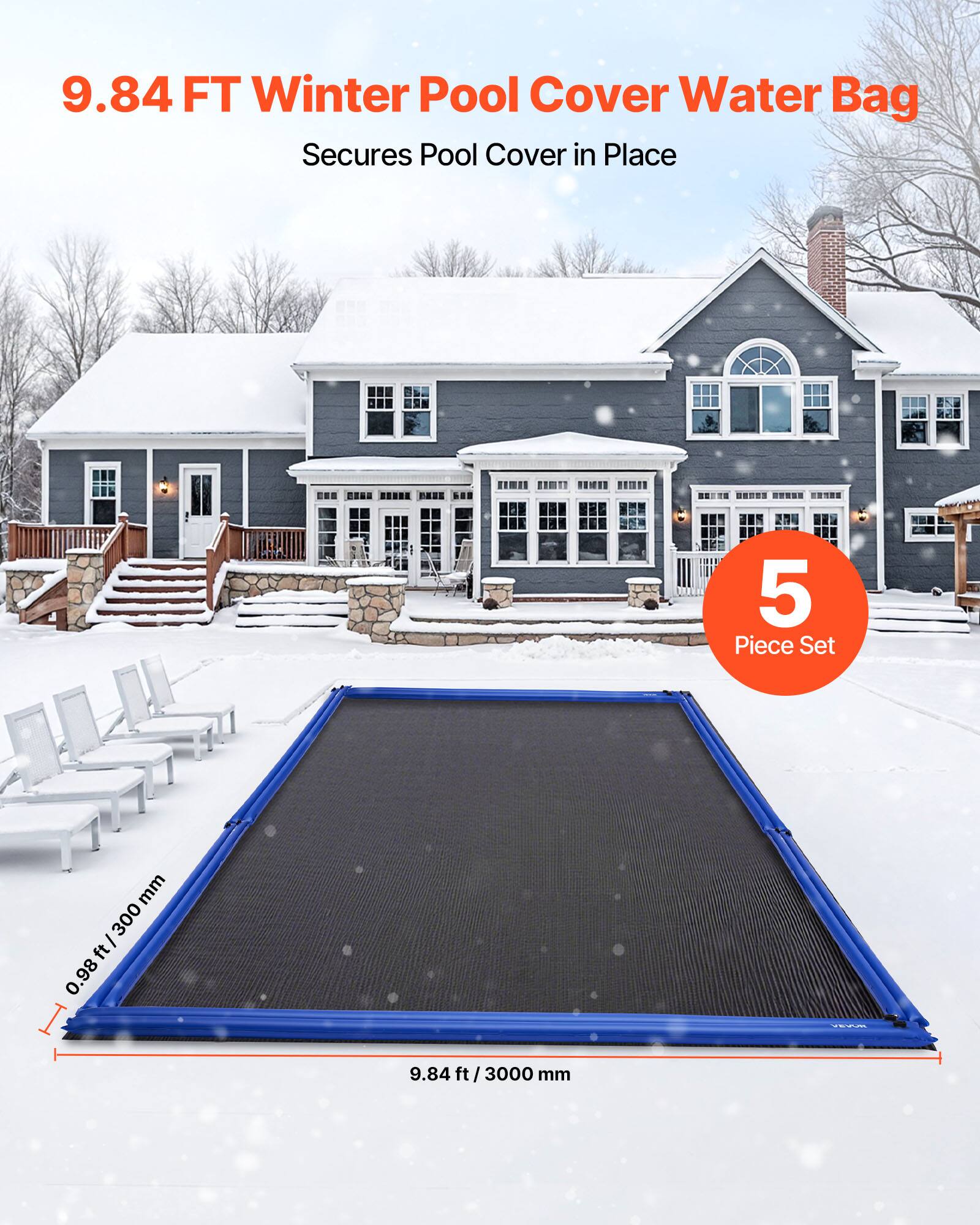 9.84 FT Winter Pool Cover Water Bag  
Secures Pool Cover in Place  

5 Piece Set  

0.98 ft / 300 mm  
9.84 ft / 3000 mm