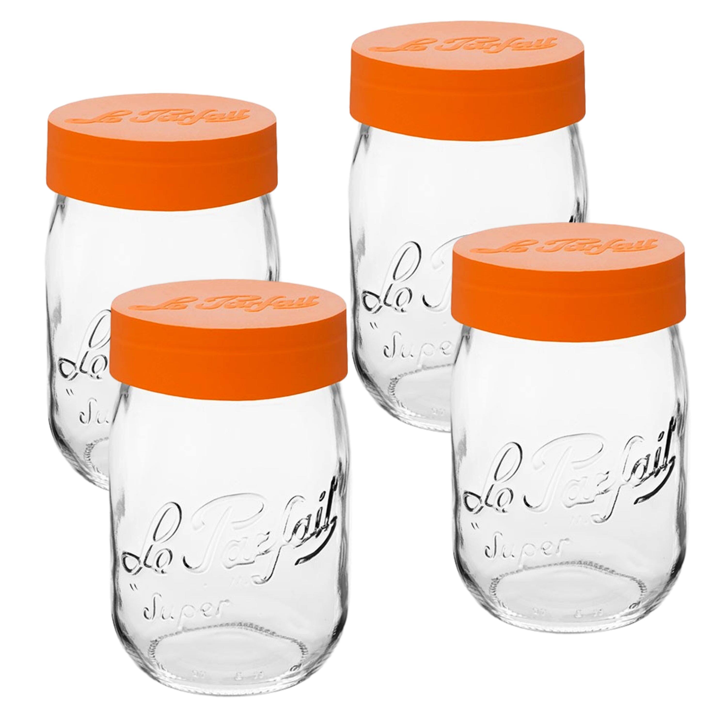 Le Parfait - Screw Top Jar - 1L Wide Mouth French Glass Canning Jar w/ Color Plastic Lid, 32oz/Quart (Pack of 4) - Orange