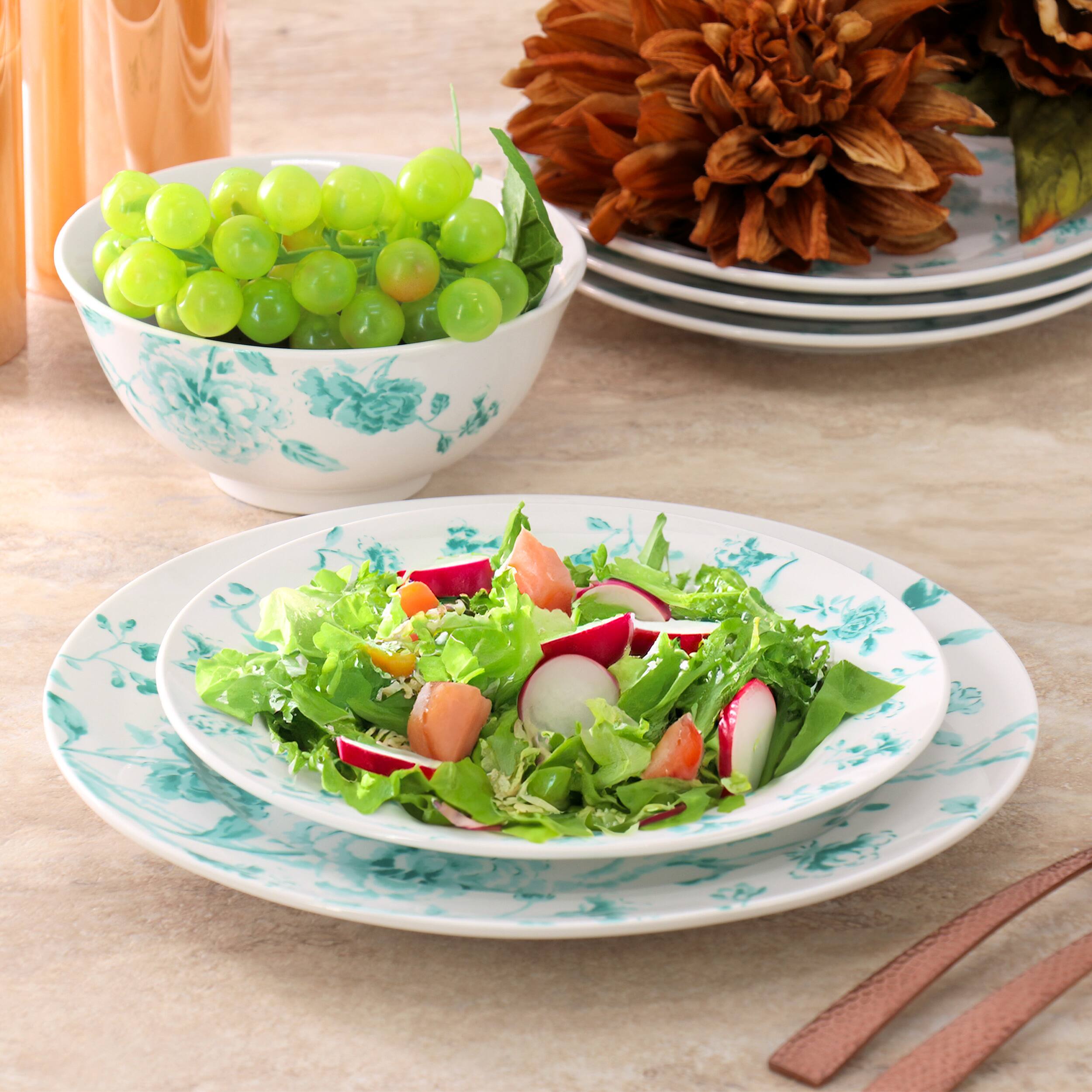 Alt View 4. Martha Stewart - Martha Stewart Chinoserie 12 Piece Round Porcelain Dinnerware Set in Teal - Teal.