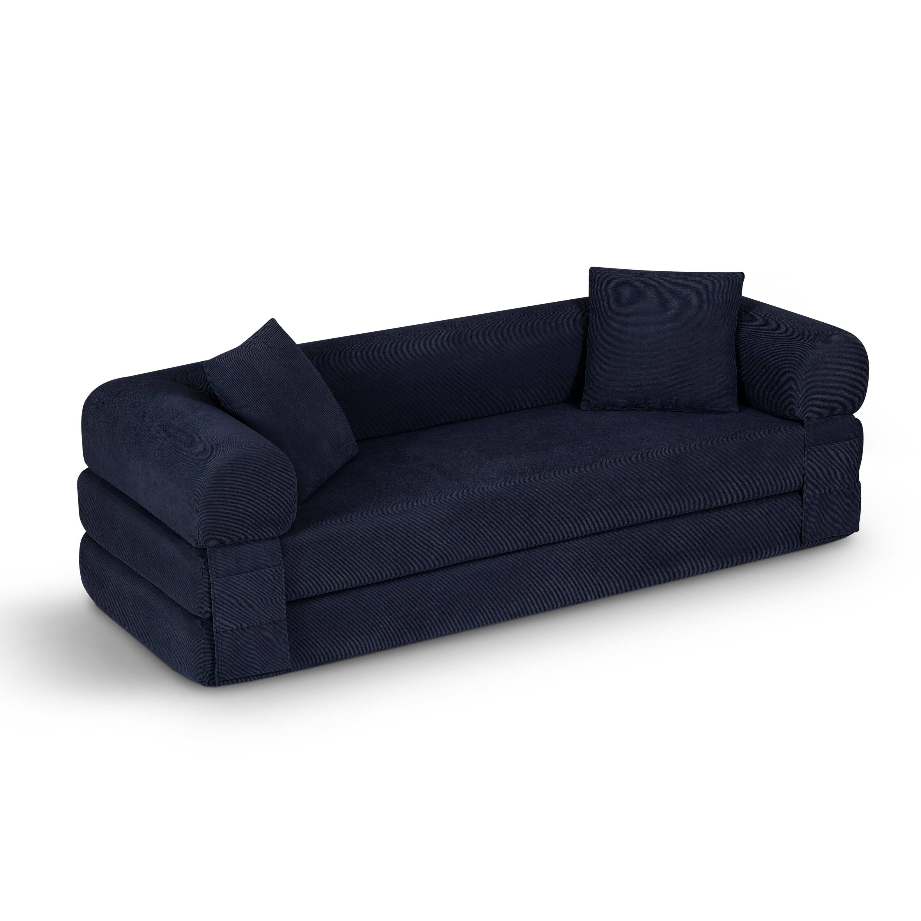 Angle. Loheer - Loheer 80 Inch Convertible Sofa Bed Queen, Deep Blue Corduroy Fold Out Couch with Storage, Compressed Couch in a Box - Dark Blue.