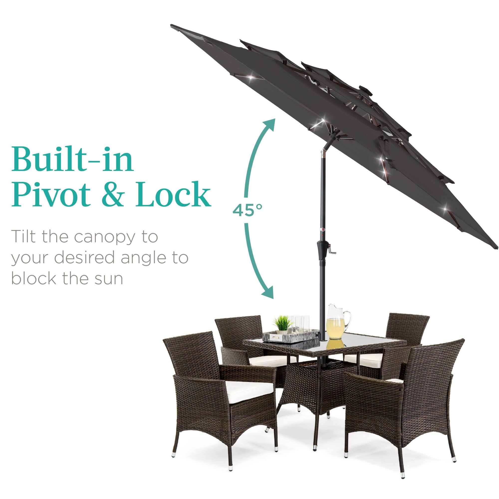 Built-in Pivot & Lock

Tilt the canopy to your desired angle to block the sun

45°