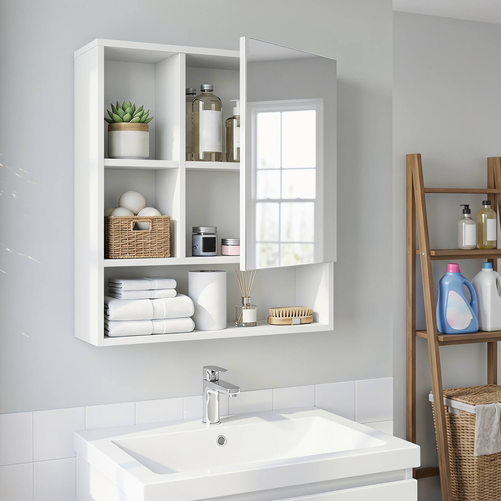Alt View 3. Costway - Costway Bathroom Mirror Cabinet with 2 Hidden Storage Shelves, 3 Open Storage Compartments - White.