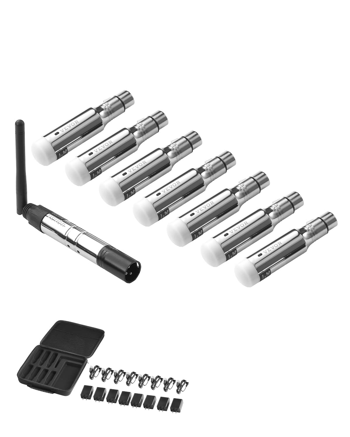 VEVOR - DMX Wireless Receiver, 7 Receivers & 1 Transmitter, 2.4G ISM Band, 656 ft Transmission Range, Rechargeable Battery - Sliver