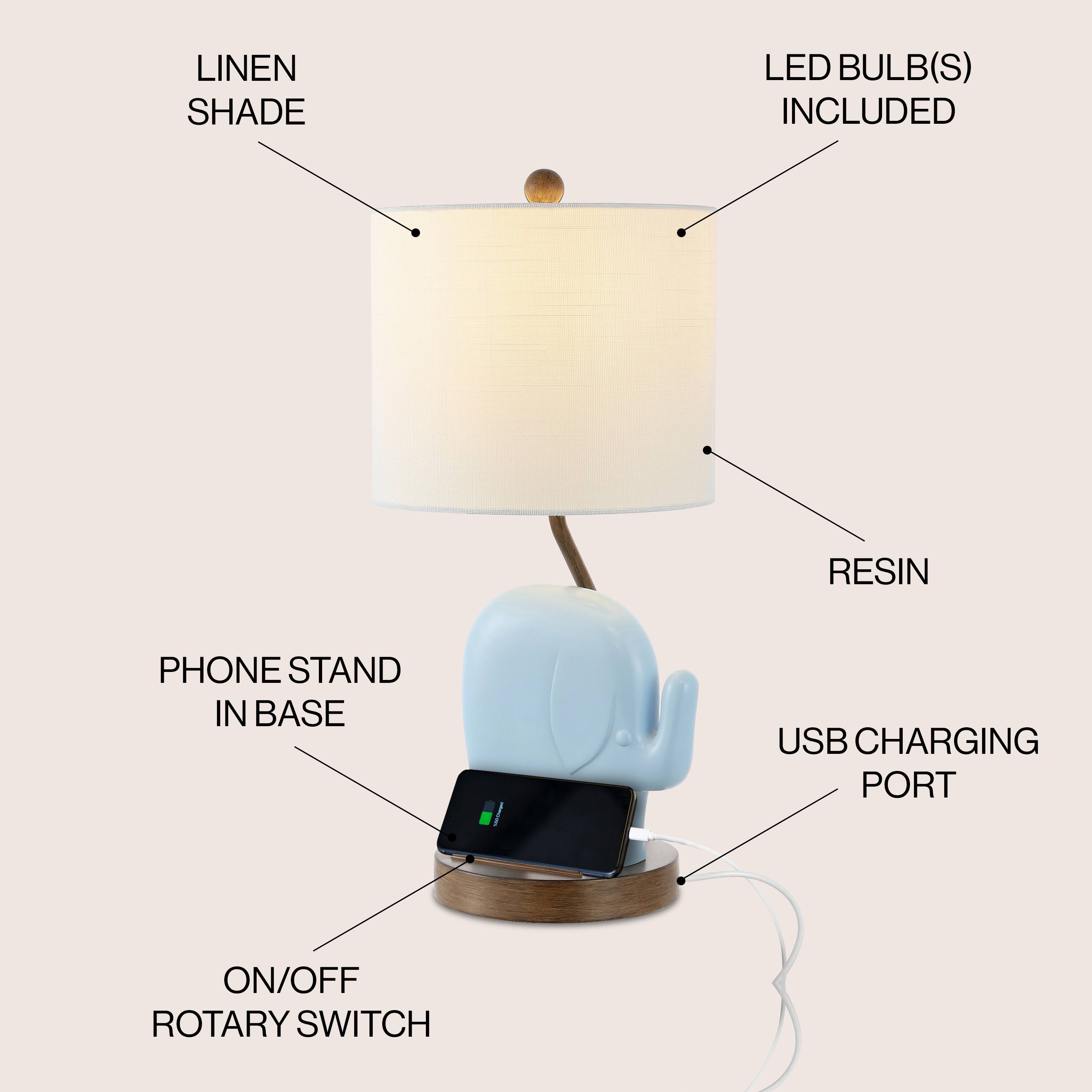 LINEN SHADE LED BULB(S) INCLUDED RESIN PHONE STAND IN BASE USB CHARGING PORT ON/OFF ROTARY SWITCH
