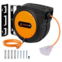 VEVOR - Retractable Extension Cord Reel, 80 FT, Heavy Duty 12AWG/3C SJTOW Retractable Power Cord with Lighted Triple Tap Outlet - Black;Orange
