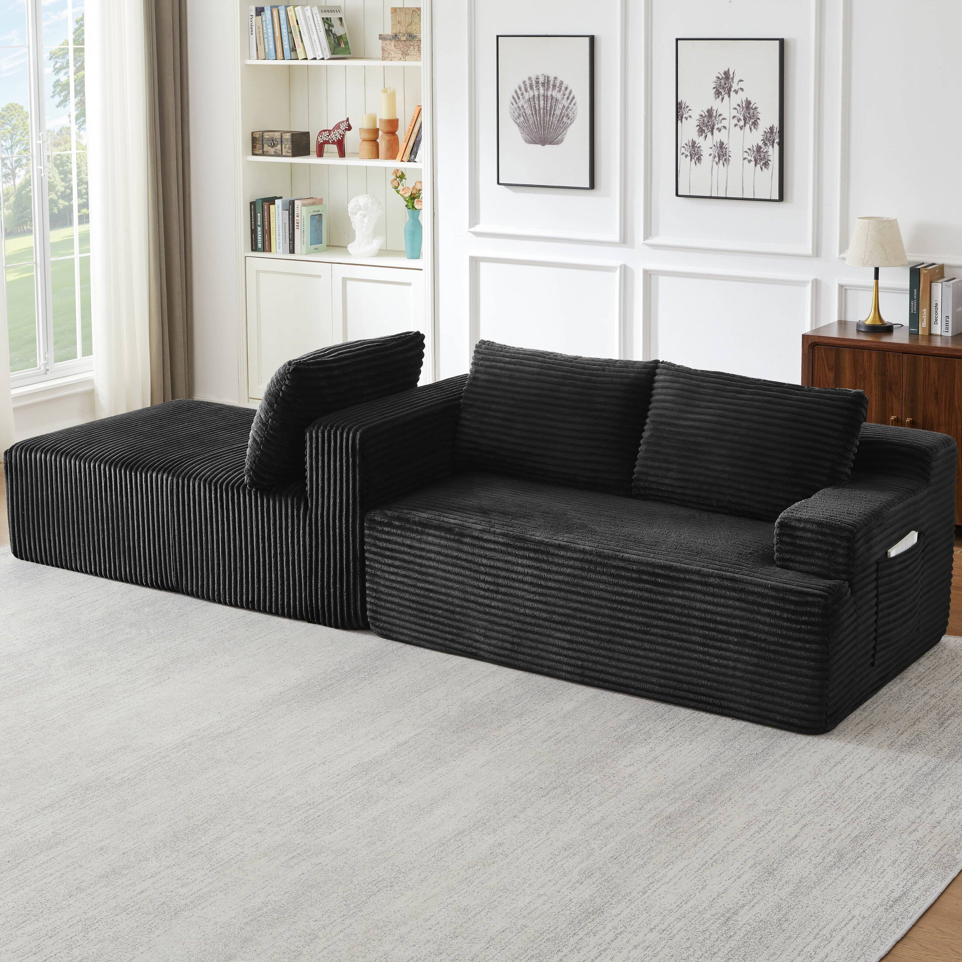 Alt View 2. Anysun - Anysun L-Shaped Left-Facing Modular Classic Corduroy Fabric Striped Sectional Sofa with Deep Seat - Black.