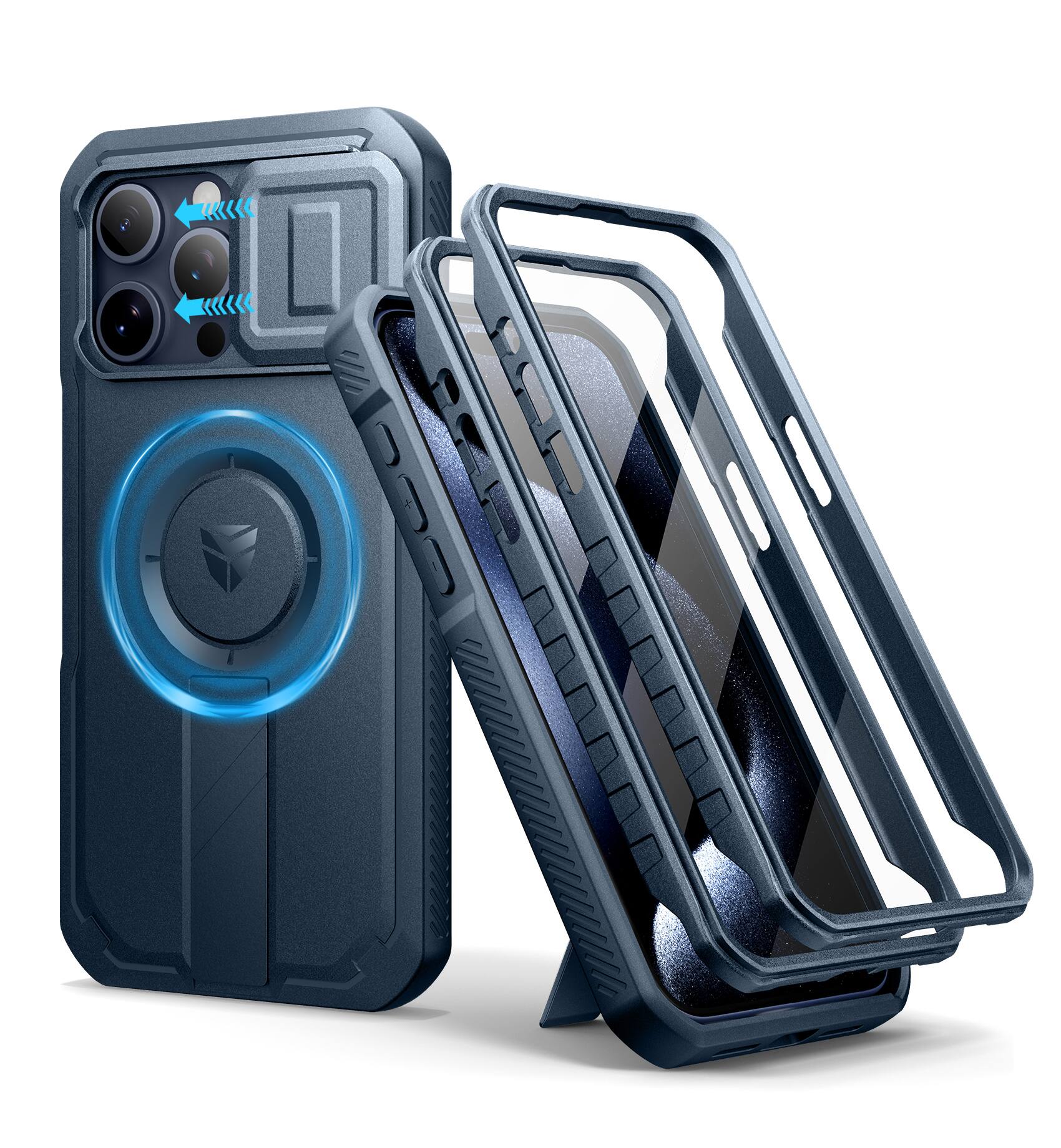 dexnor - iPhone 15 Pro Max Case with Slide Camera Cover & Adjustable Kickstand & Built-in Screen Protector - Navy Blue