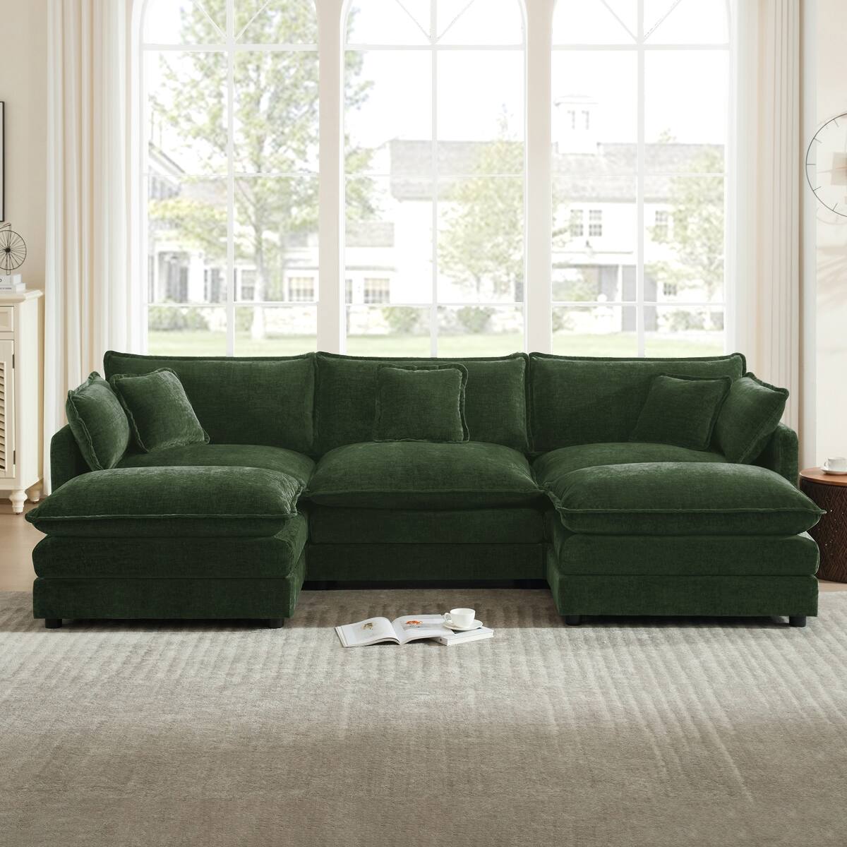 Angle. Ropilly - Ropilly U Shaped Sectional Sofa, Green Chenille 3 Seater Convertible Corner Couch with Reversible Footrest - Green.