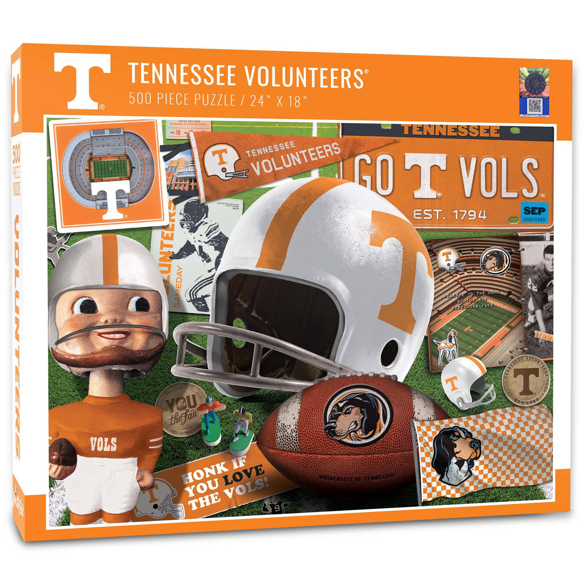 TENNESSEE VOLUNTEERS  
500 PIECE PUZZLE / 24" X 18"  

TENNESSEE VOLUNTEERS  
GO T VOLS  
EST. 1794  

HONK IF YOU LOVE THE VOLS!  

YOU THE FAN  

WELCOME TO THE HOME OF THE TENNESSEE VOLUNTEERS  
SEP 2018  

UNIVERSITY OF TENNESSEE