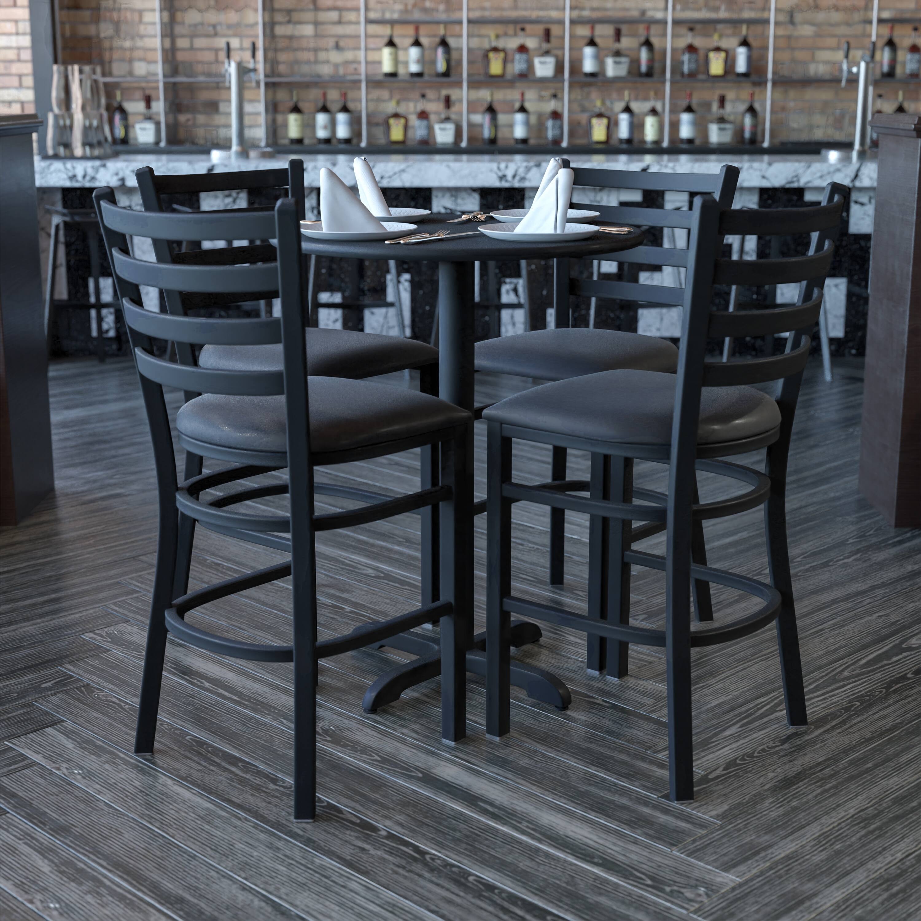 Angle. Flash Furniture - Carlton 30'' Round Black Laminate Table Set with X-Base and 4 Ladder Back Metal Barstools - Black Vinyl Seat - Black.