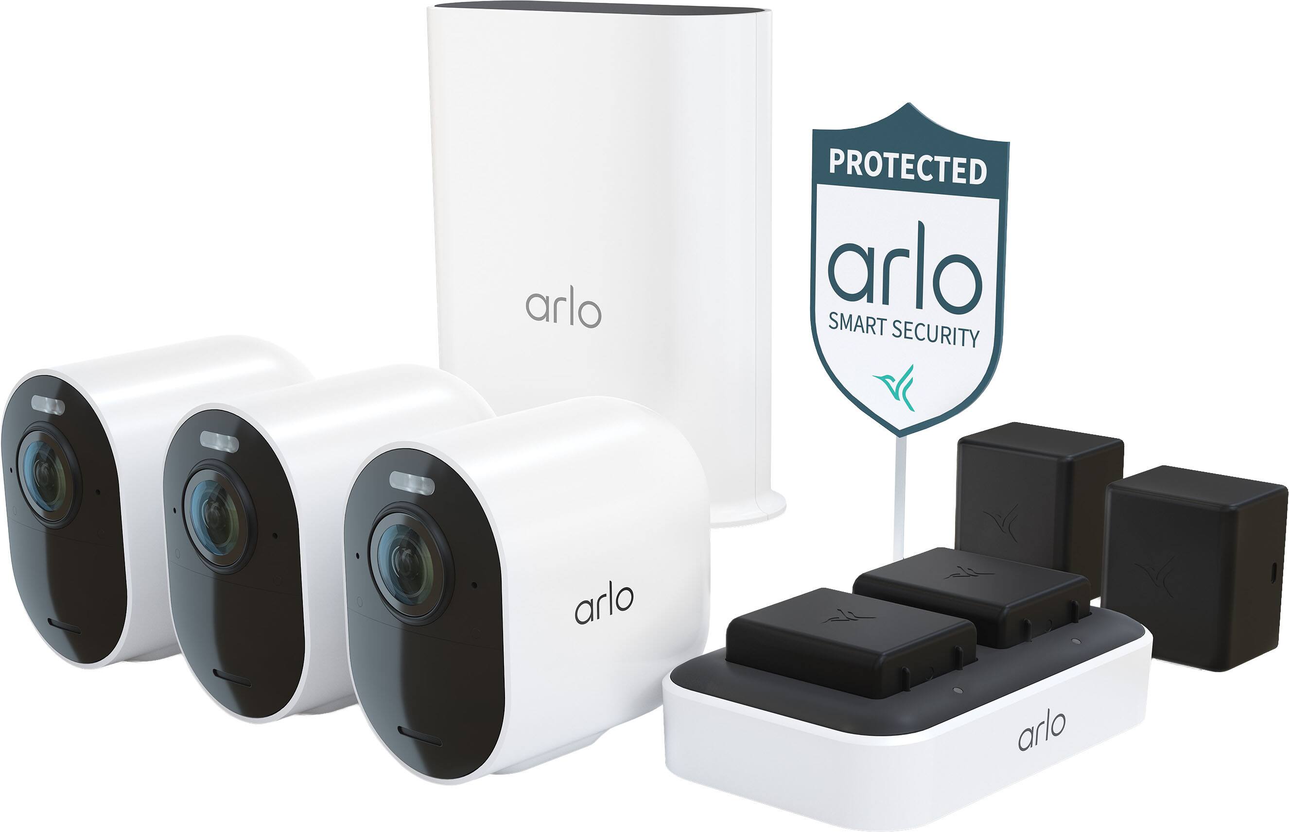 Arlo - Ultra Outdoor Security Camera 4K HDR (3rd Gen, 2025 Release) - Wireless, Rechargeable Battery, Charging Station, 3-Cam - White