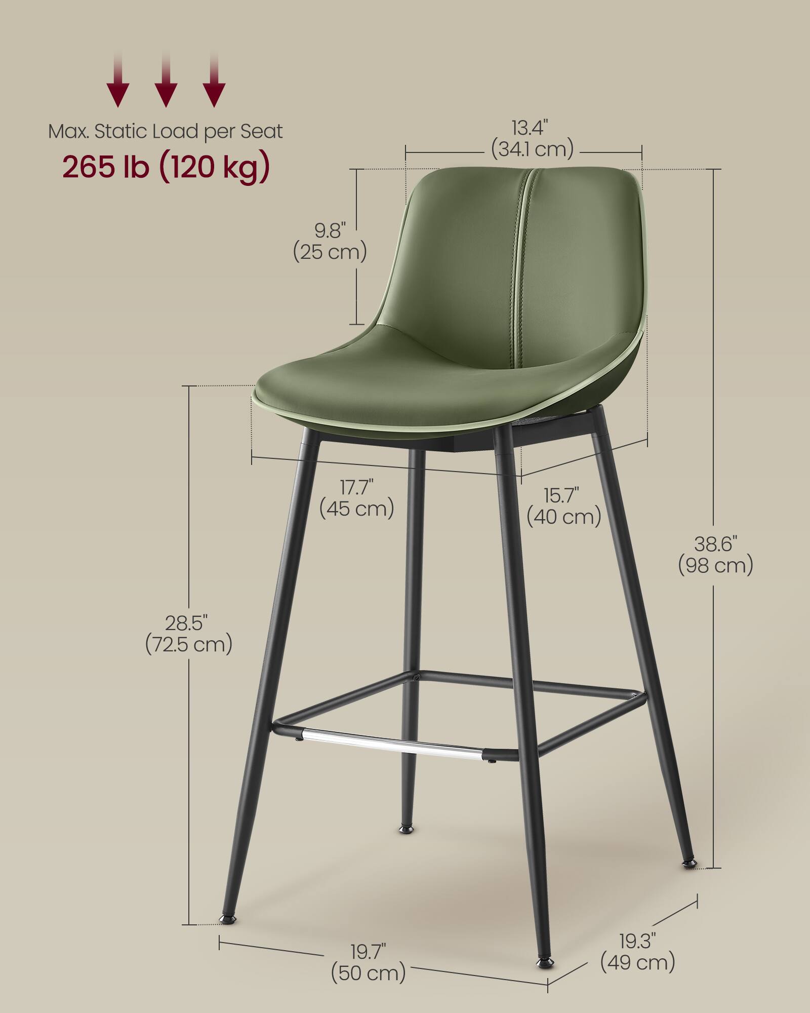 Max. Static Load per Seat: 265 lb (120 kg)

- 13.4" (34.1 cm)
- 9.8" (25 cm)
- 17.7" (45 cm)
- 15.7" (40 cm)
- 38.6" (98 cm)
- 28.5" (72.5 cm)
- 19.7" (50 cm)
- 19.3" (49 cm)