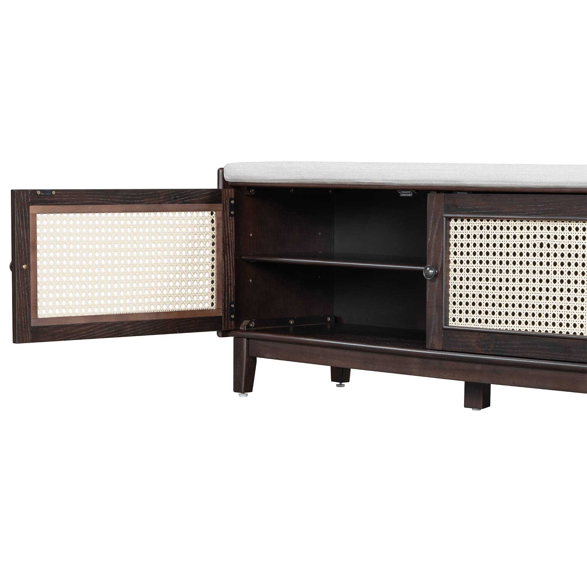 Alt View 7. Ropilly - Ropilly Boho Rattan Entryway Bench with Storage, Cushioned Shoe Organizer with Doors and Adjustable Shelves, Espresso - Espresso and Beige.
