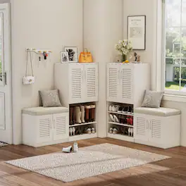 Loheer - multi functional shoe storage cabinet, Entryway Organizer with Cushion Bench, Holds 30 Pairs - Ancient White