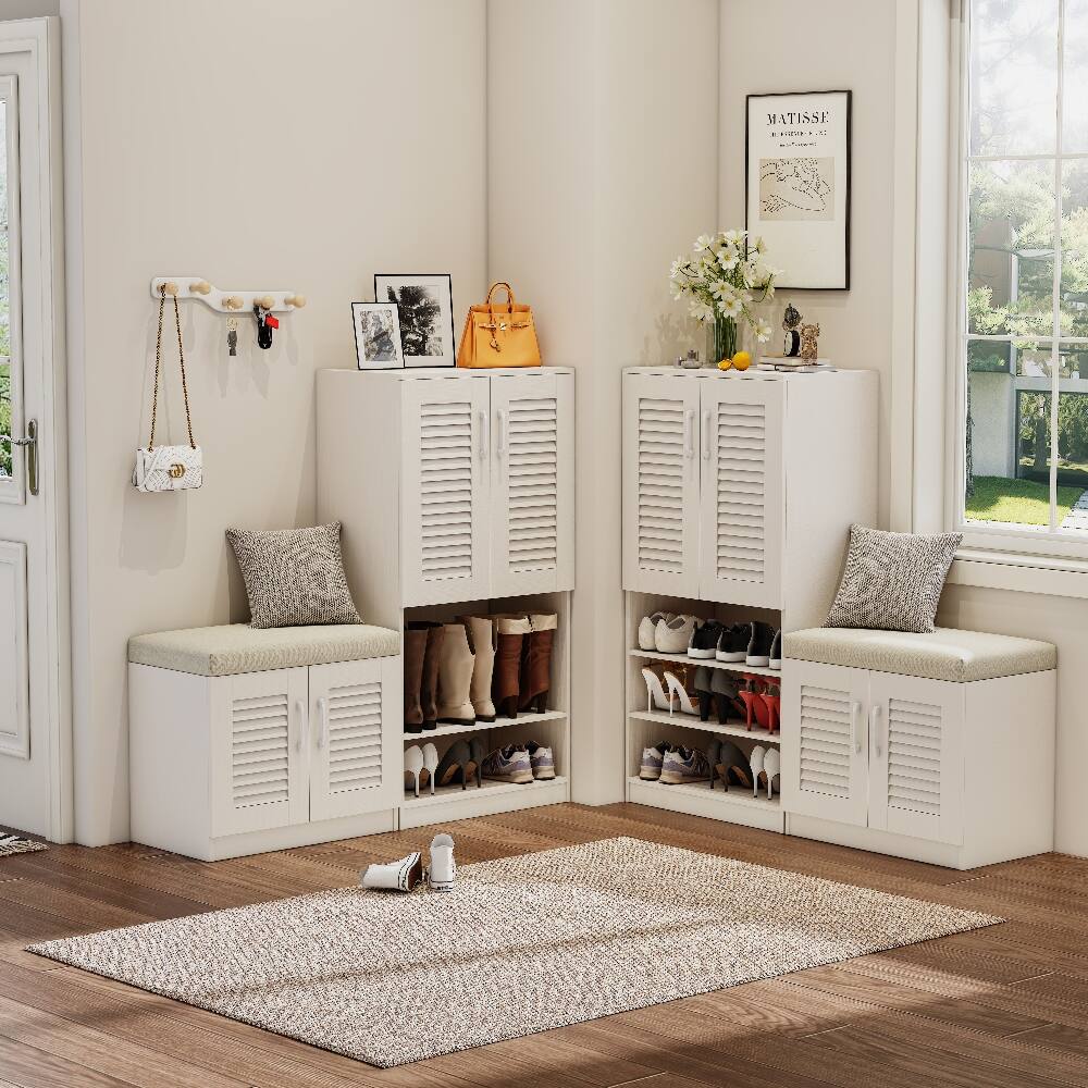 Front. Loheer - Loheer multi functional shoe storage cabinet, Ancient White Entryway Organizer with Cushion Bench, Holds 30 Pairs - Ancient White.