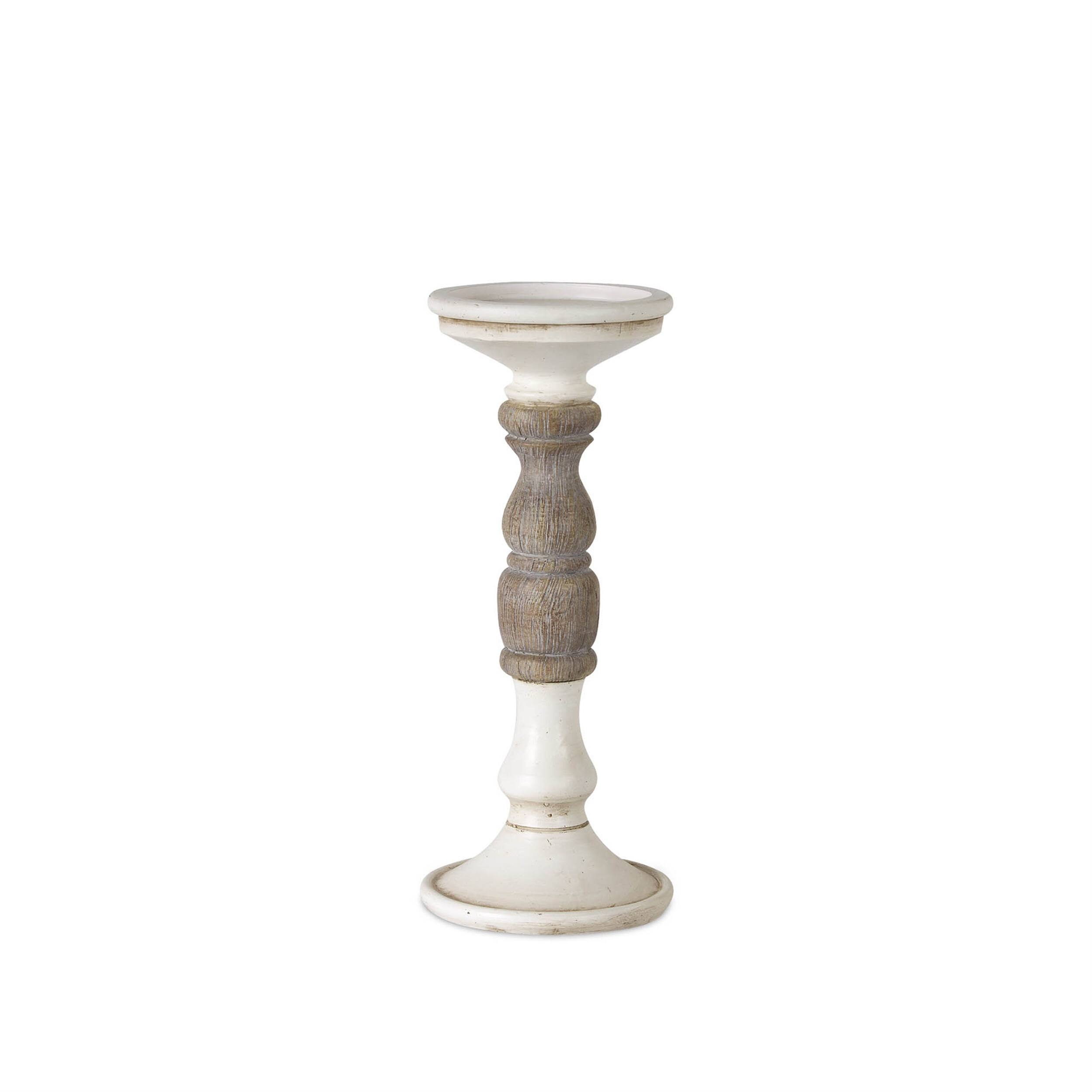 Left. BreeBe - Ivory Candle Holder with Wood Accent (Set of 3) - White, Brown.
