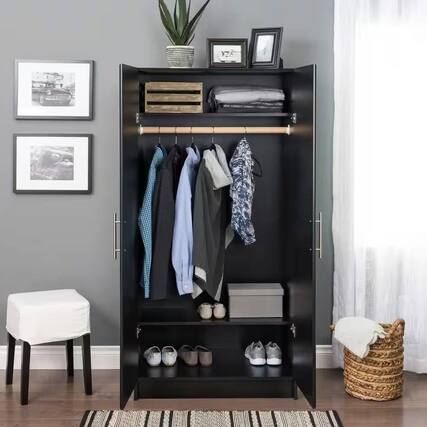 Front. Hivvago - Black Freestanding Bedroom Cabinet Armoire Wardrobe Closet with Hanging Rail - Black.